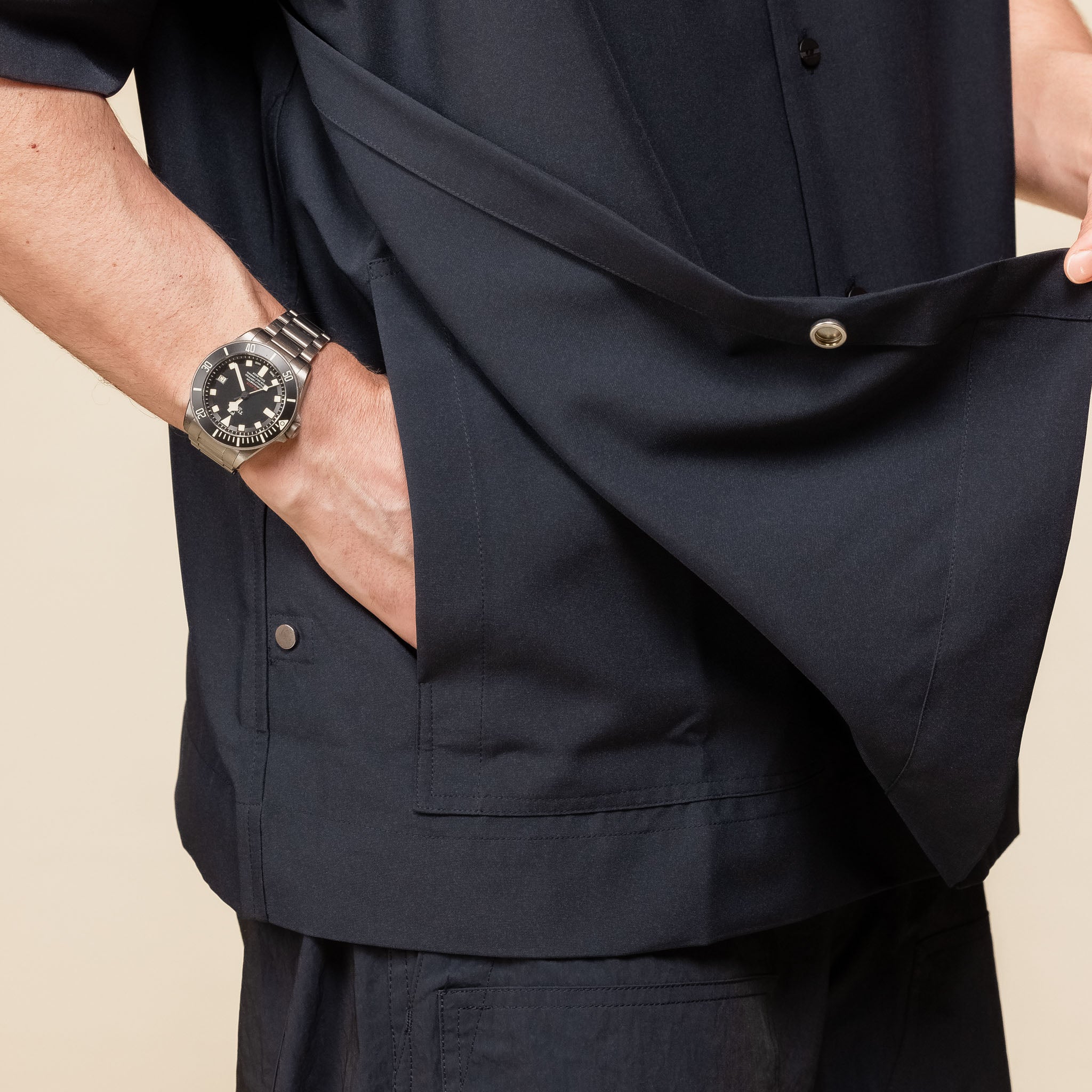 Meanswhile - Tropical Open Collar Side Slit Shirt - Navy