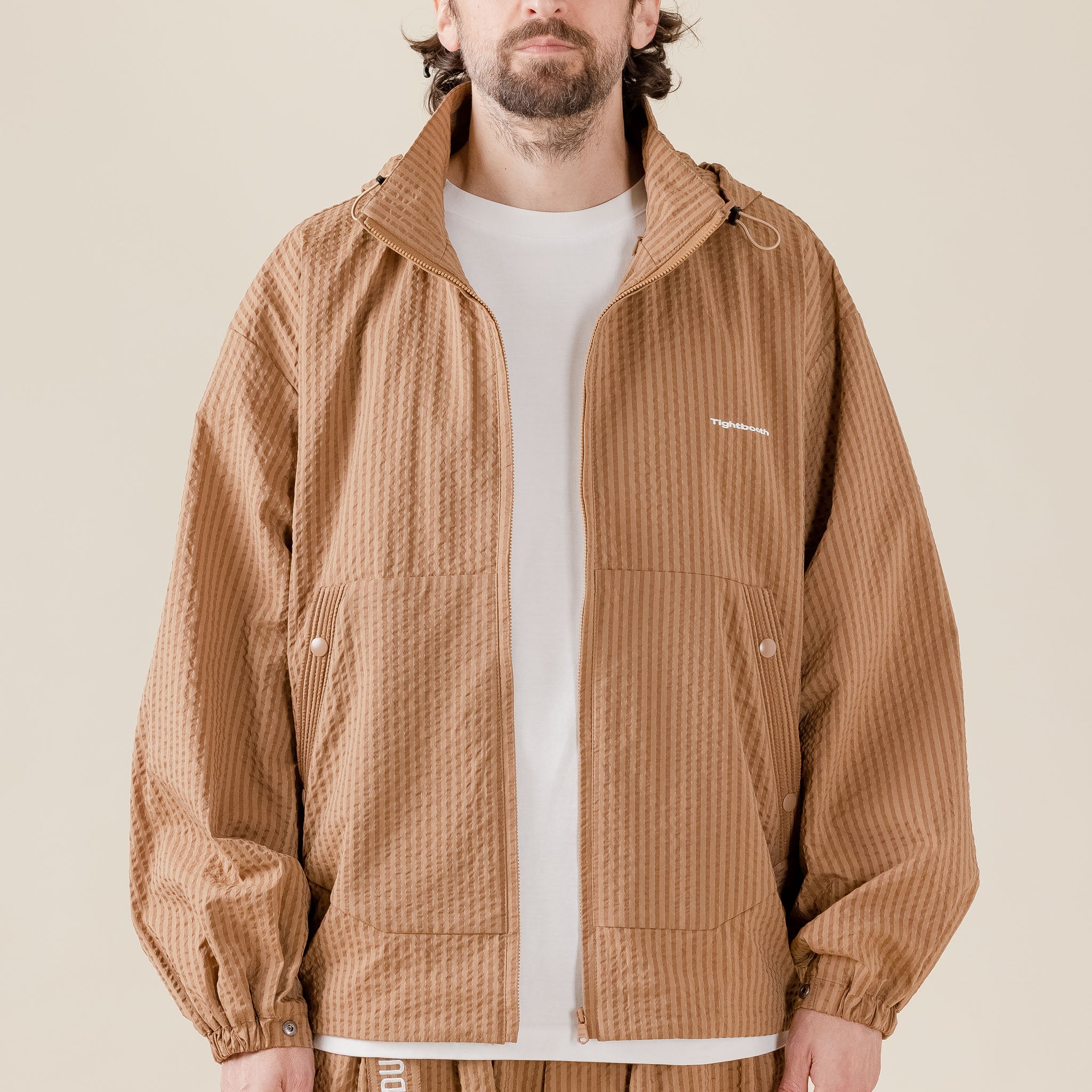 "Tightbooth Stockists" "tightbooth Japan" "tightbooth skate" Shinpei Ueno Tightbooth - Seersucker Stripe Track Jacket - Beige