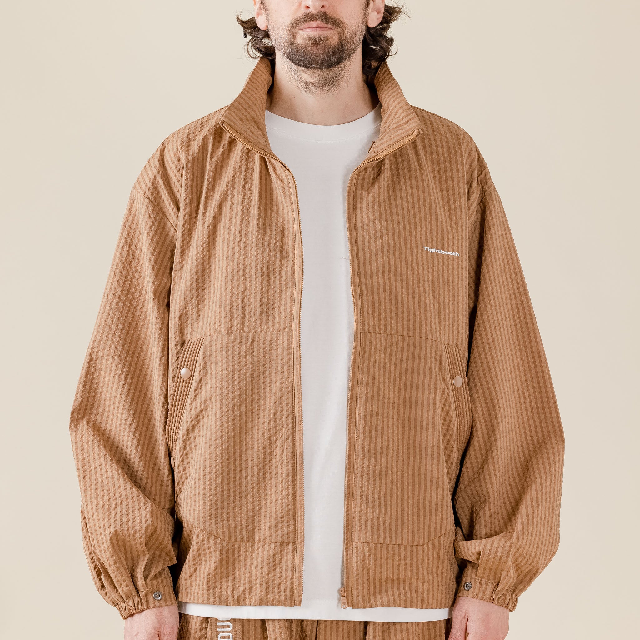 "Tightbooth Stockists" "tightbooth Japan" "tightbooth skate" Shinpei Ueno Tightbooth - Seersucker Stripe Track Jacket - Beige