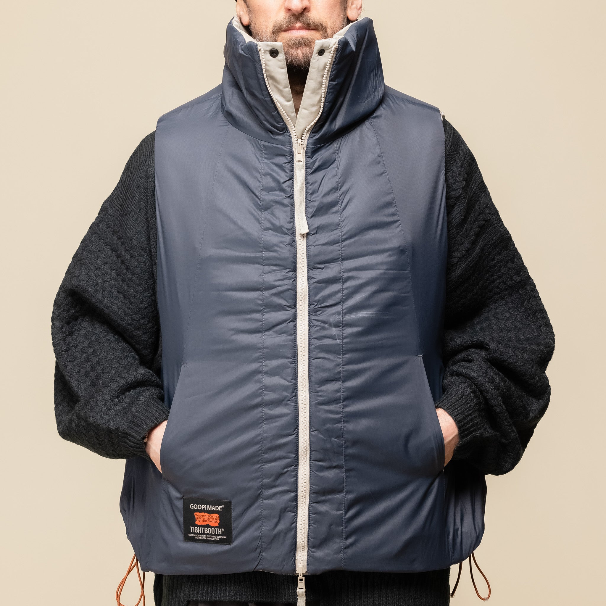 GOOPiMADE® x TIGHTBOOTH “GMT-01V” - 2-Way Padded Down Vest - Paper (Beige) x Navy "goopimade stockists" "goopimade sale" "goopi" "goopi pants" "goopi trousers"