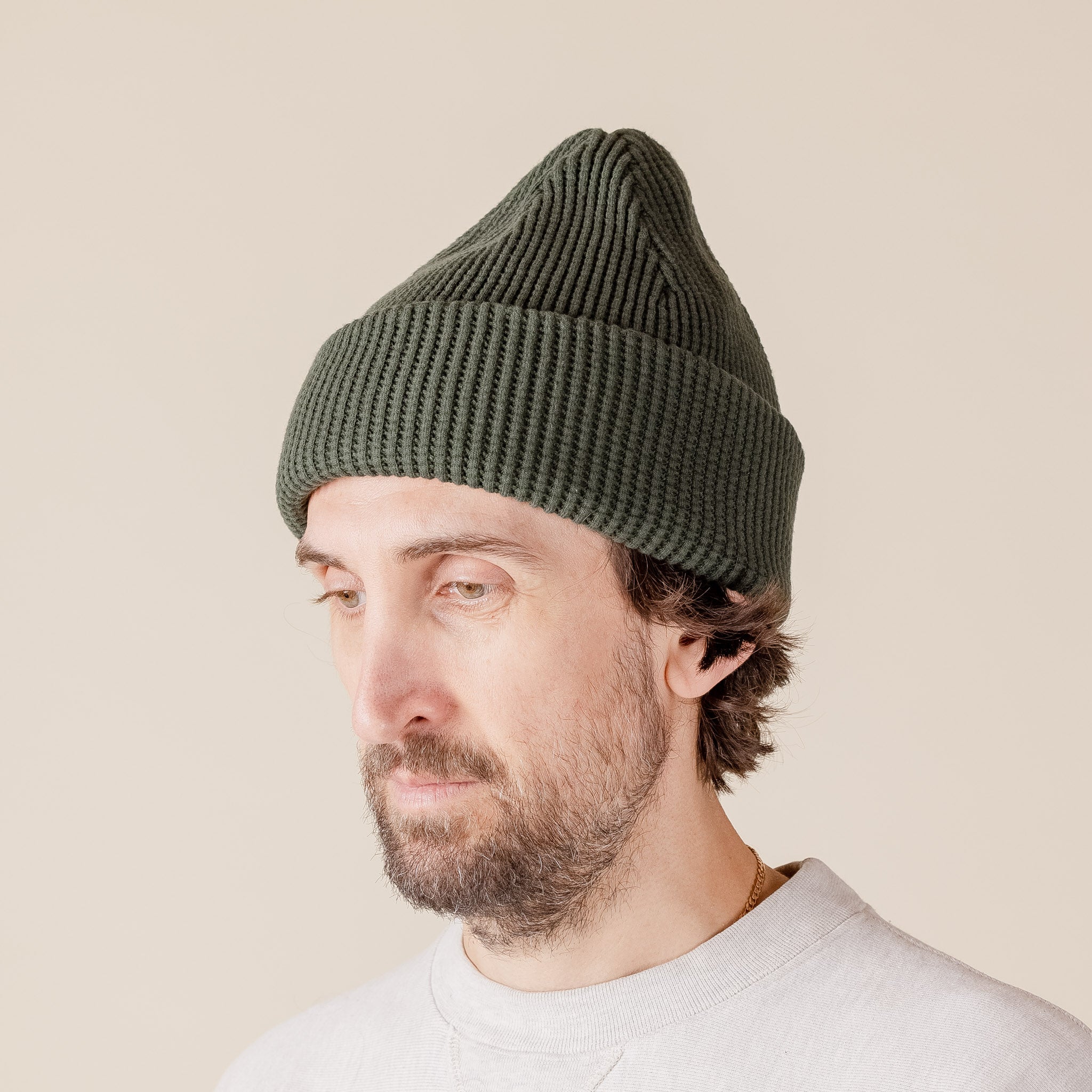 Homespun Knitwear - Cotton Thermal Waffle Beanie - Forest Green
