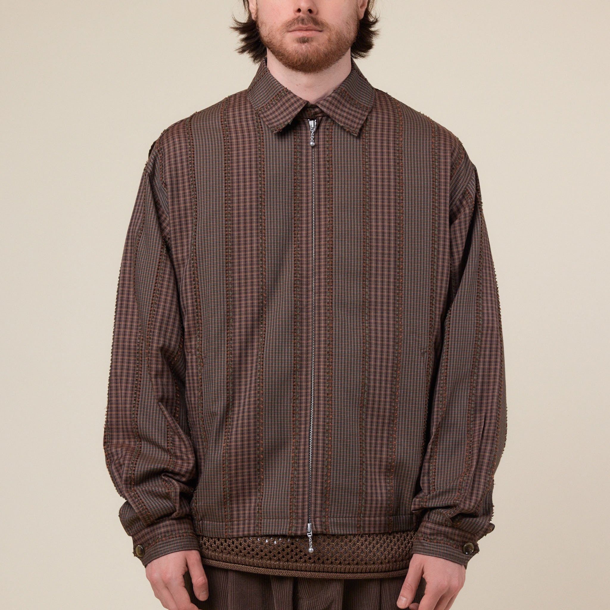 Merely Made - Premium Banshu-Ori Fringe Check Jacket - Greenish Brown