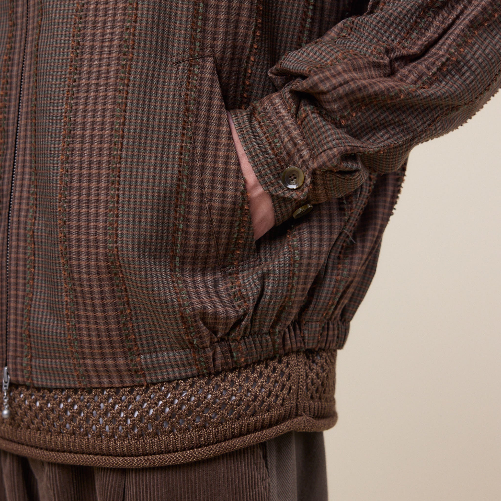 Merely Made - Premium Banshu-Ori Fringe Check Jacket - Greenish Brown