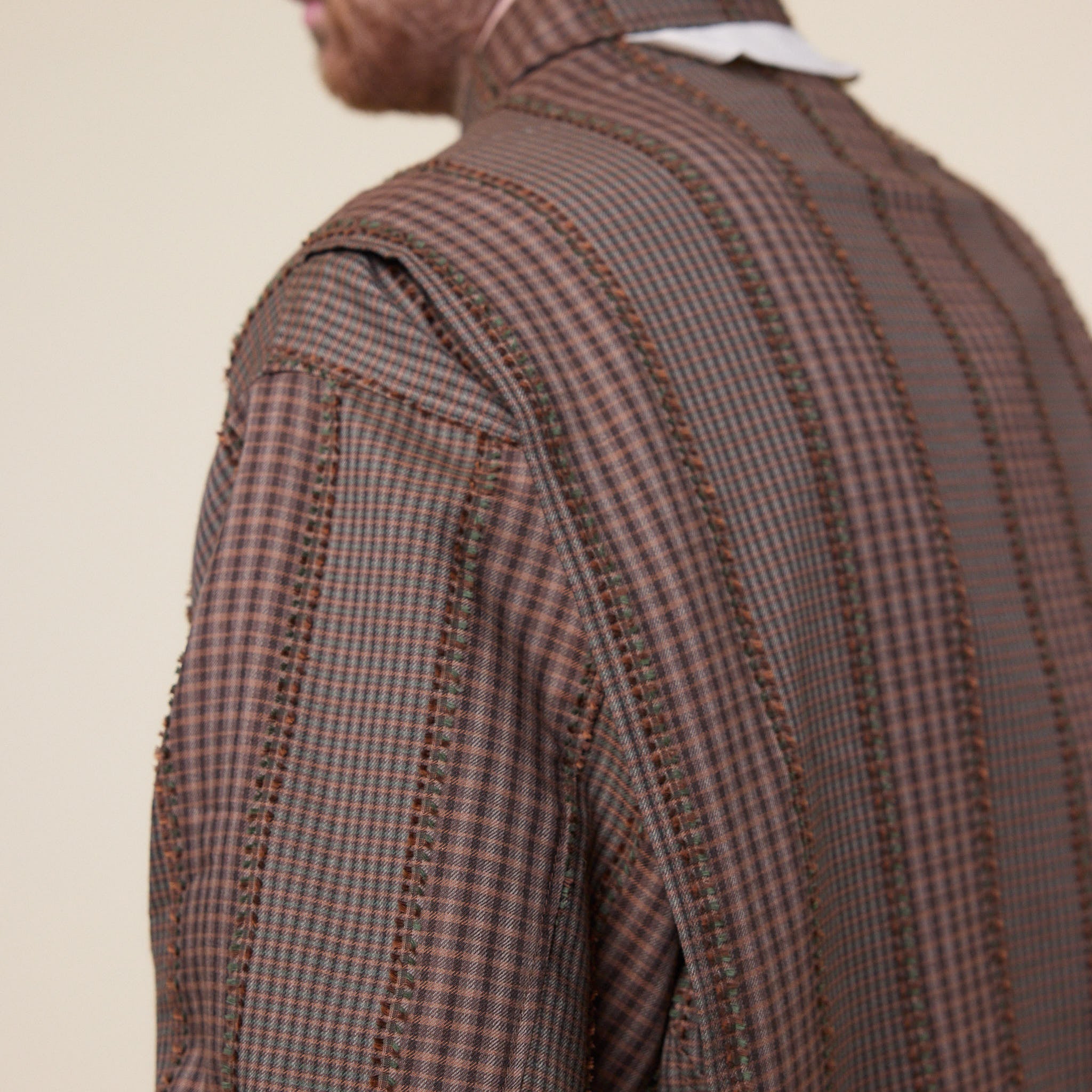 Merely Made - Premium Banshu-Ori Fringe Check Jacket - Greenish Brown