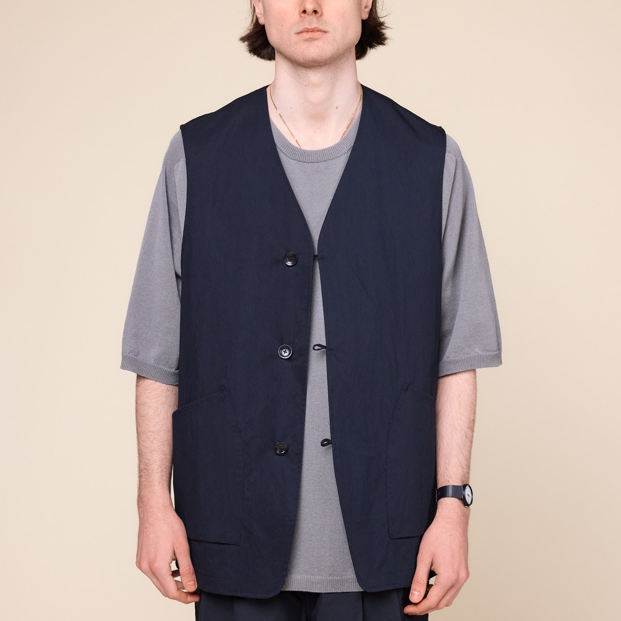 Still by Hand - Loop Button Vest - Ink Black