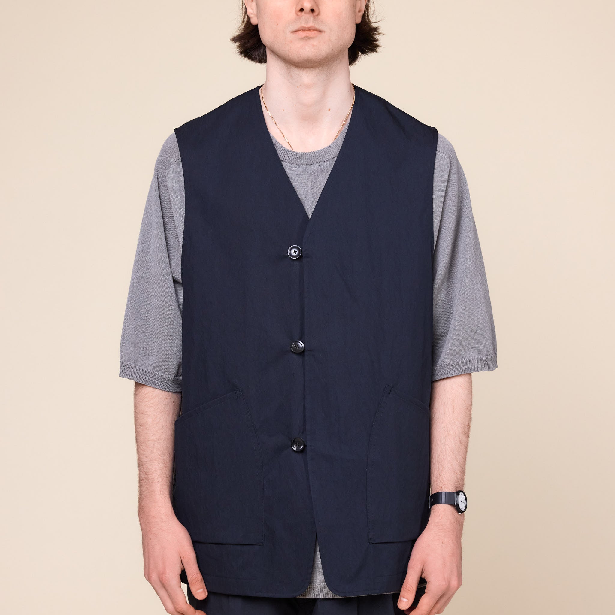 Still by Hand - Loop Button Vest - Ink Black