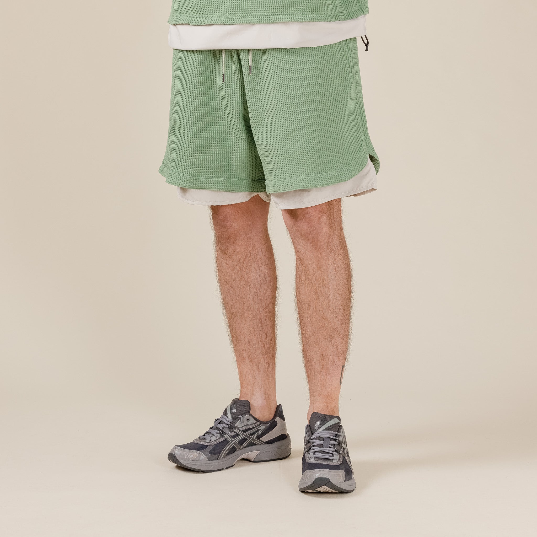 Meanswhile x This Thing Of Ours - SOLOTEX® Waffle Shorts - Sage & Cream "meanswhile stockists uk" "meanswhile Japan"