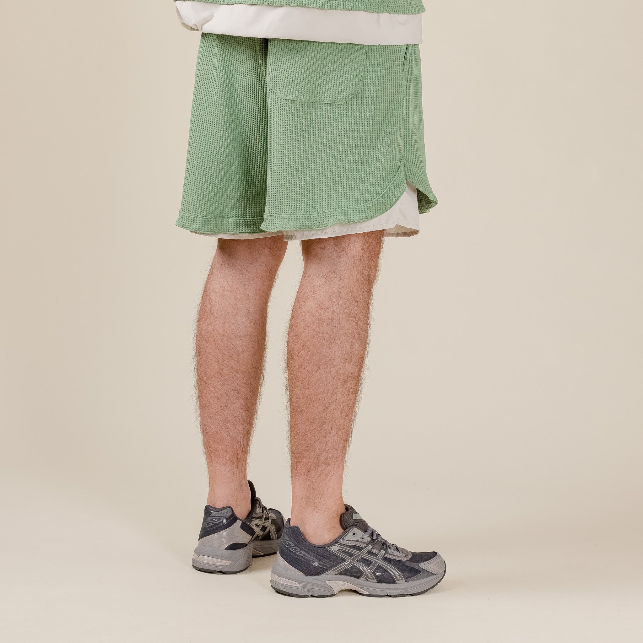 Meanswhile x This Thing Of Ours - SOLOTEX® Waffle Shorts - Sage & Cream "meanswhile stockists uk" "meanswhile Japan"