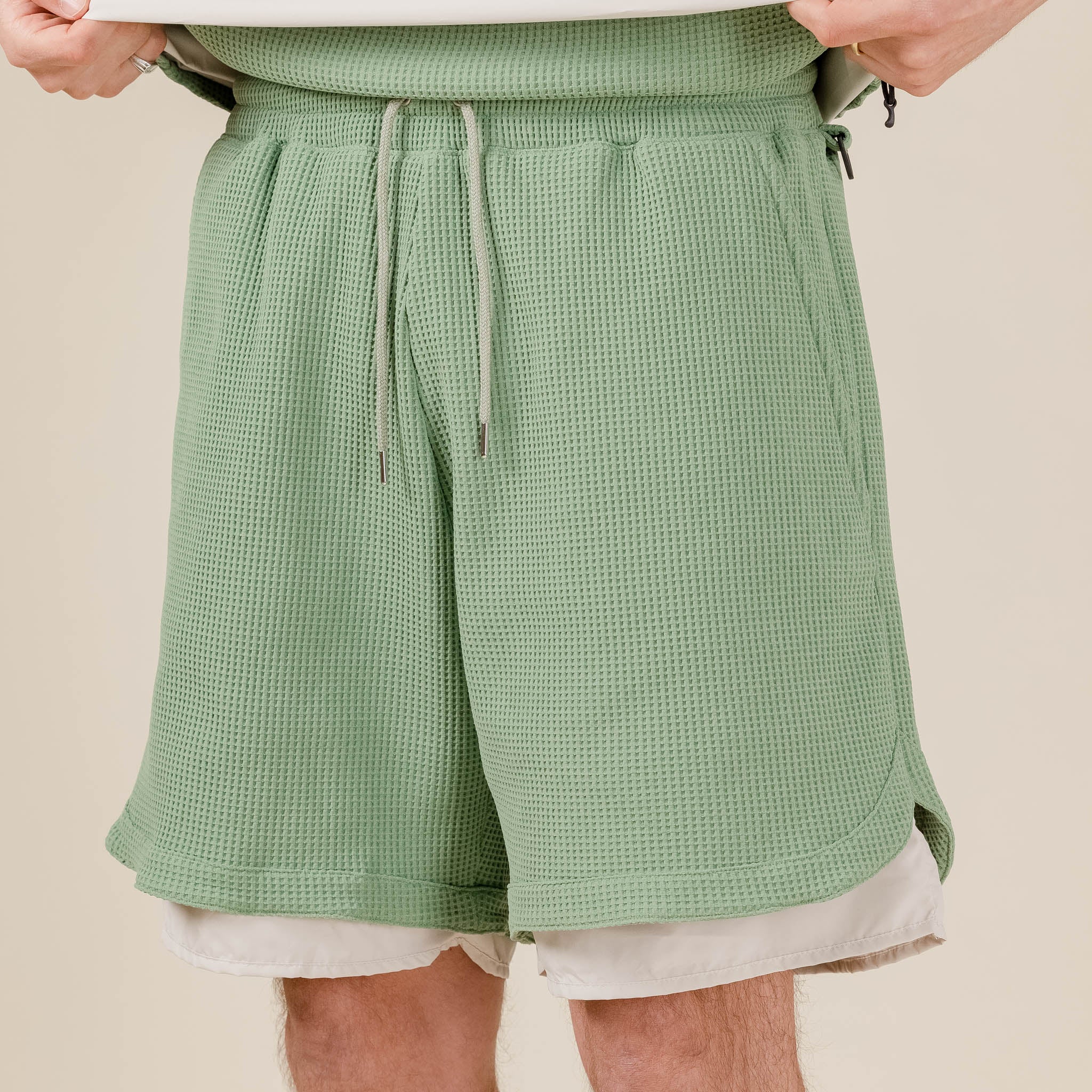 Meanswhile x This Thing Of Ours - SOLOTEX® Waffle Shorts - Sage & Cream "meanswhile stockists uk" "meanswhile Japan"
