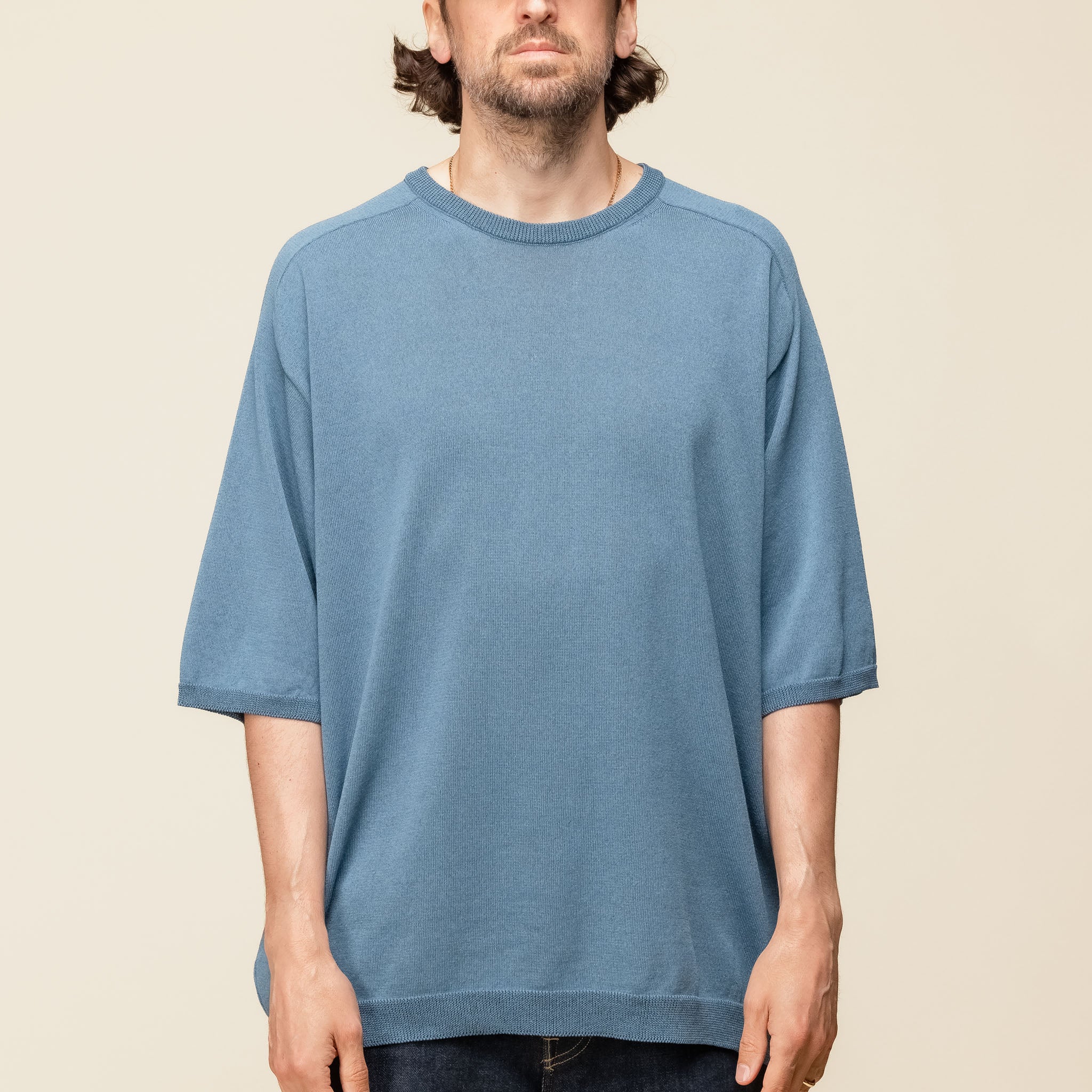 KN02241OS Still by Hand - Melange Knit T-Shirt - Dusty Blue
