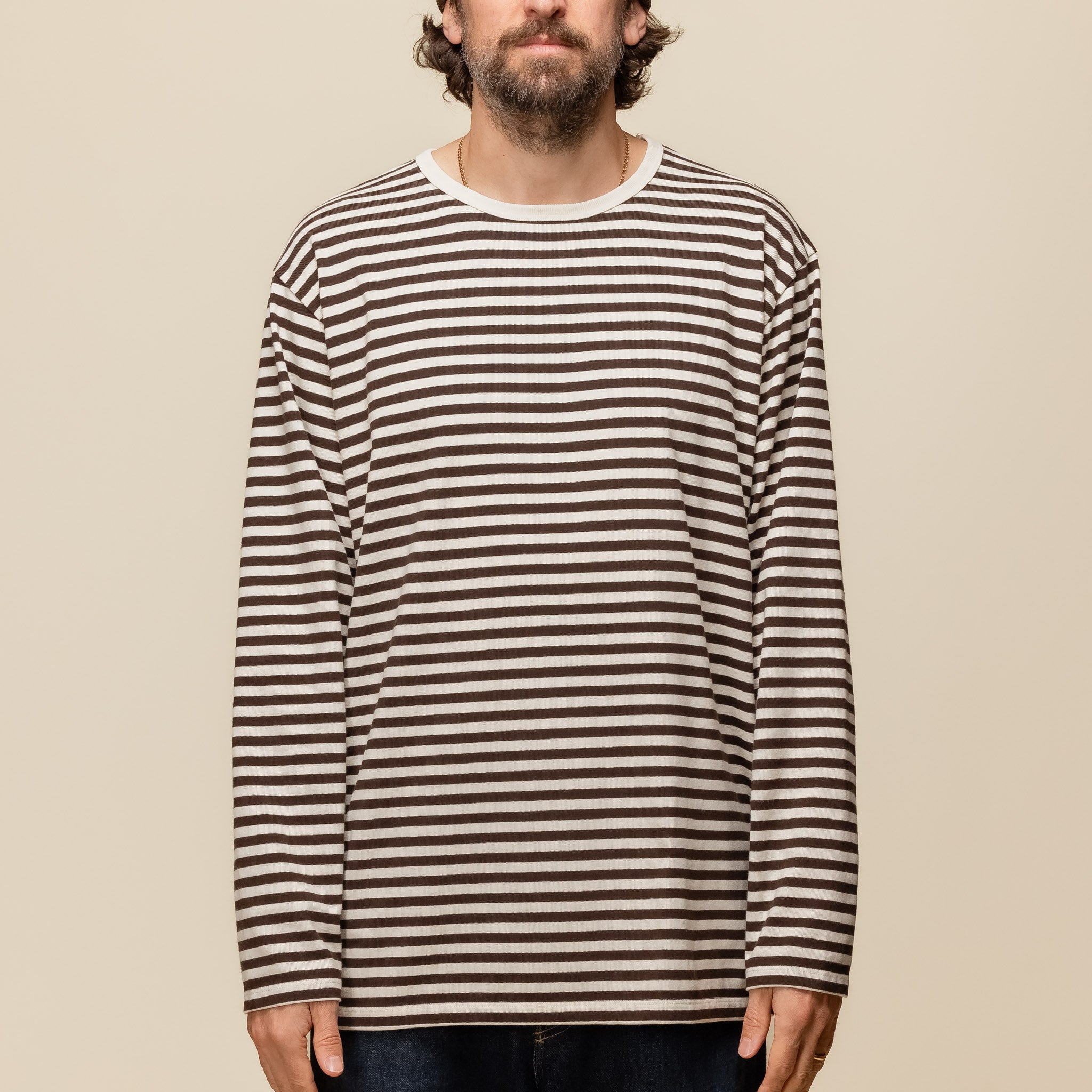 Nanamica - Coolmax Stripe Jersey L/S T-Shirt - Brown x Natural SUHS423E