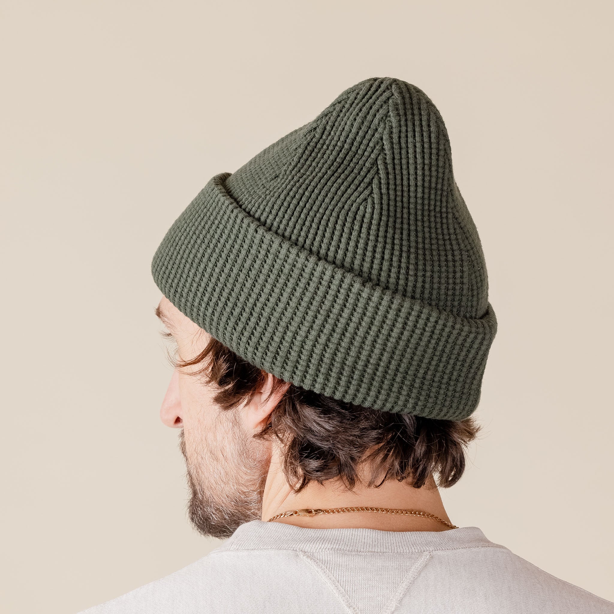 Homespun Knitwear - Cotton Thermal Waffle Beanie - Forest Green