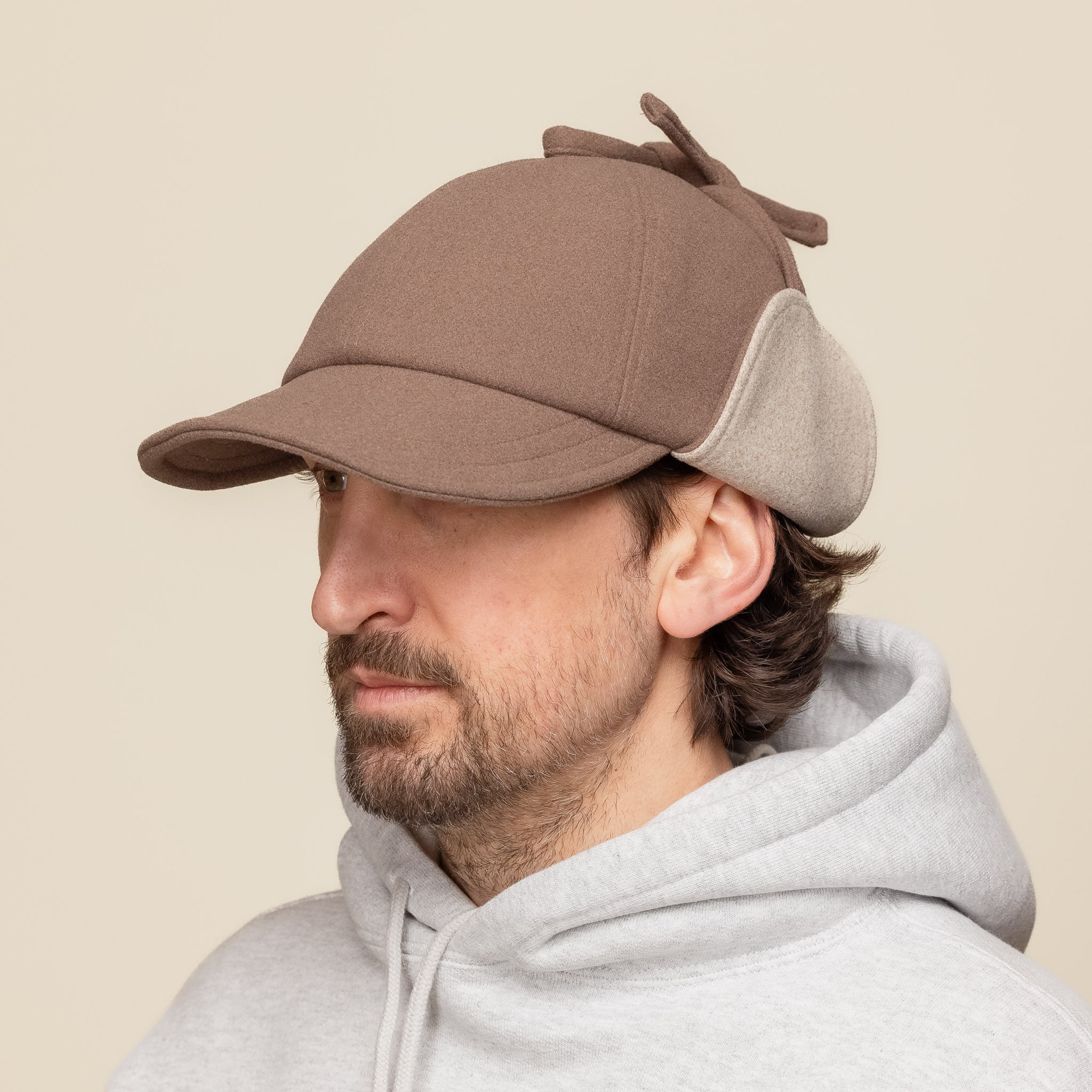 Found Feather - 6 Panel Cap with Ear Flaps - Brown / Beige