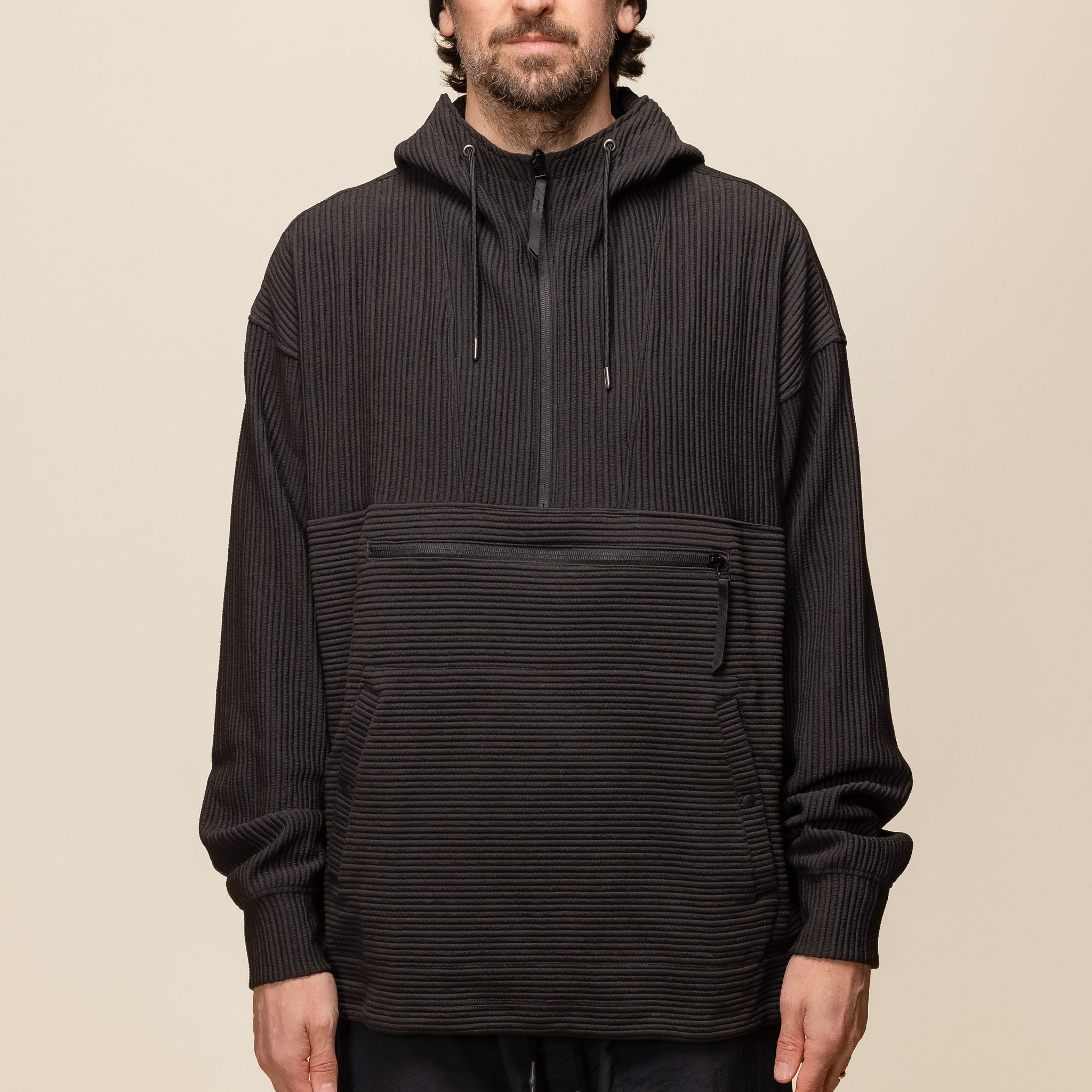 Meanswhile - Uneven Fabric Anorak Hoodie - Off Black MW-CT24203