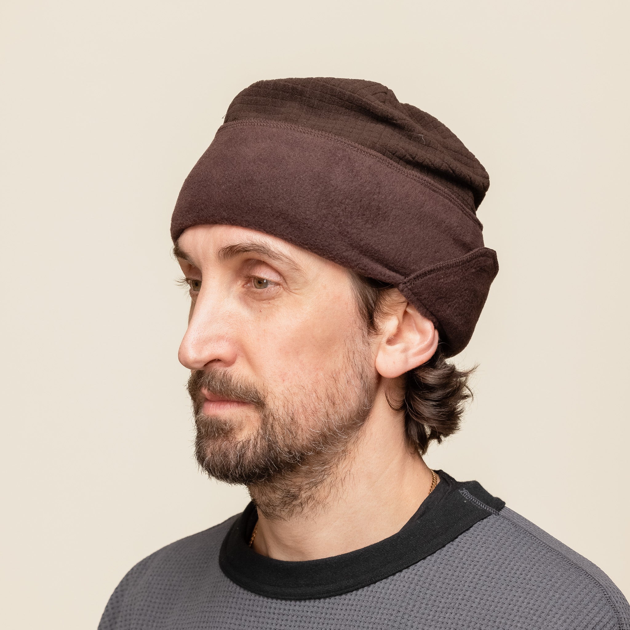 Found Feather - City Beanie Grid x Fleece - Brown