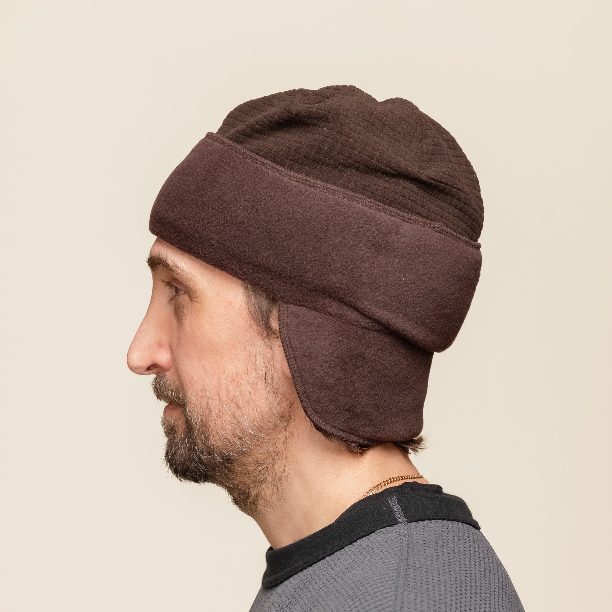 Found Feather - City Beanie Grid x Fleece - Brown