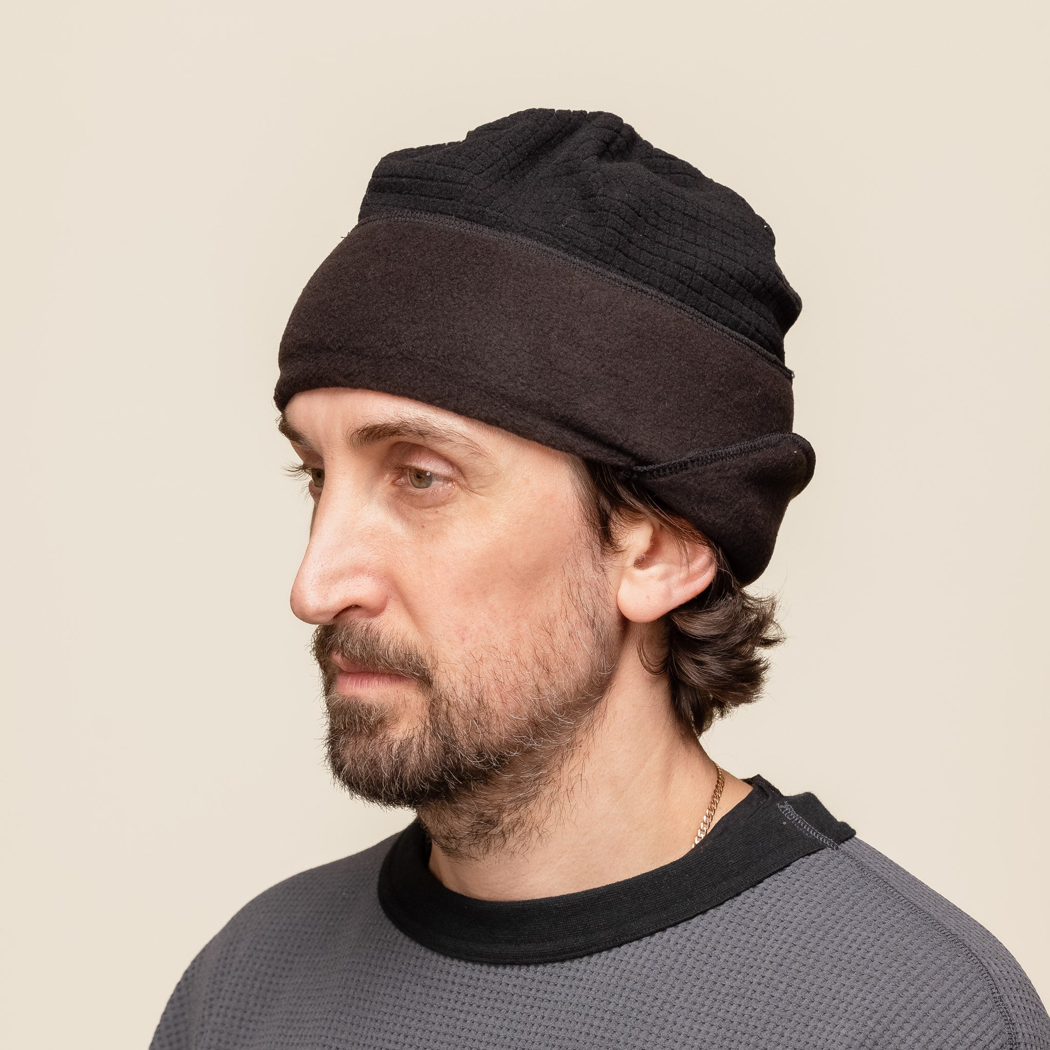 Found Feather - City Beanie Grid x Fleece - Black