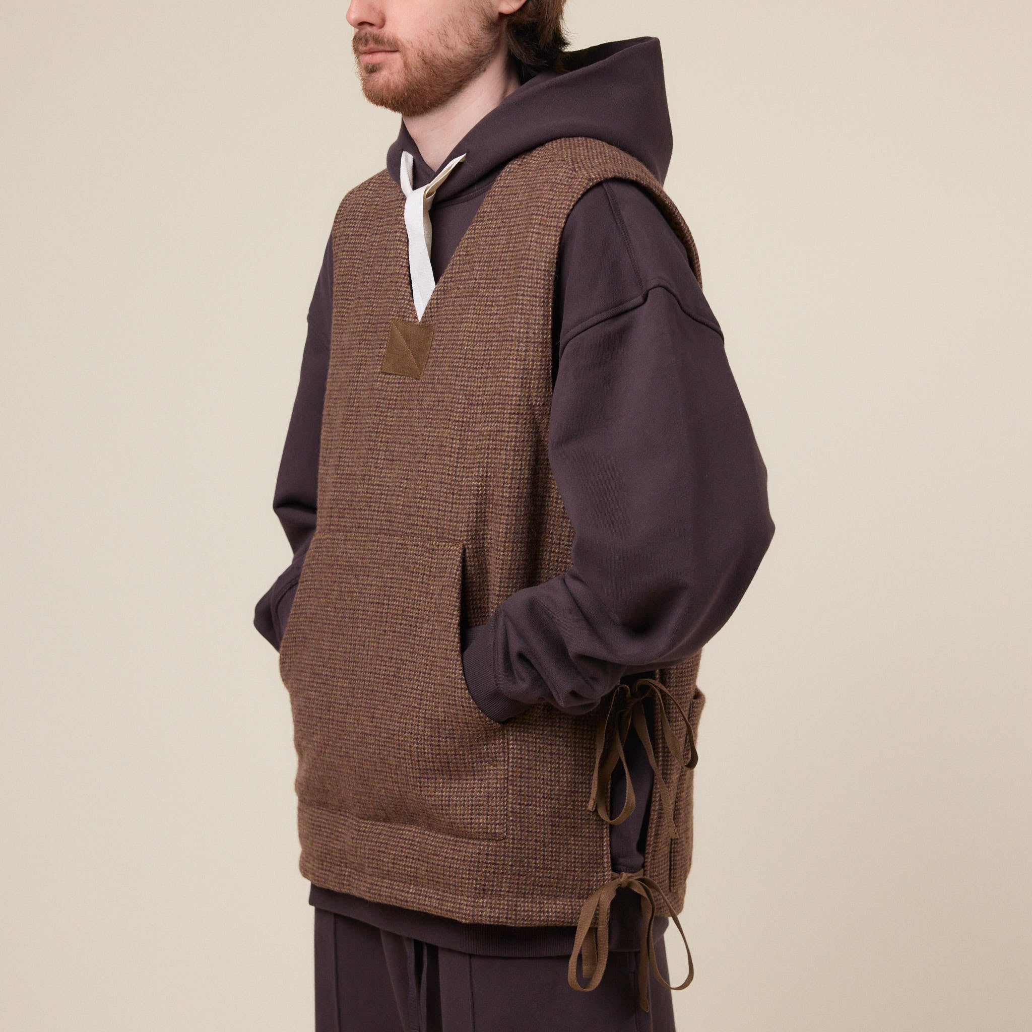Merely Made - Premium Tweed Checked Wool Vest Jacket - Mixnut Brown