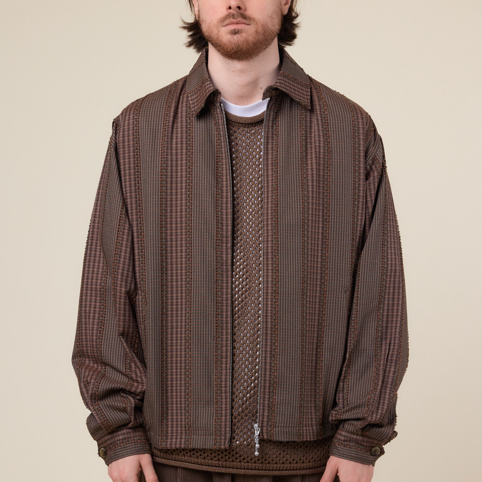 Merely Made - Premium Banshu-Ori Fringe Check Jacket - Greenish Brown