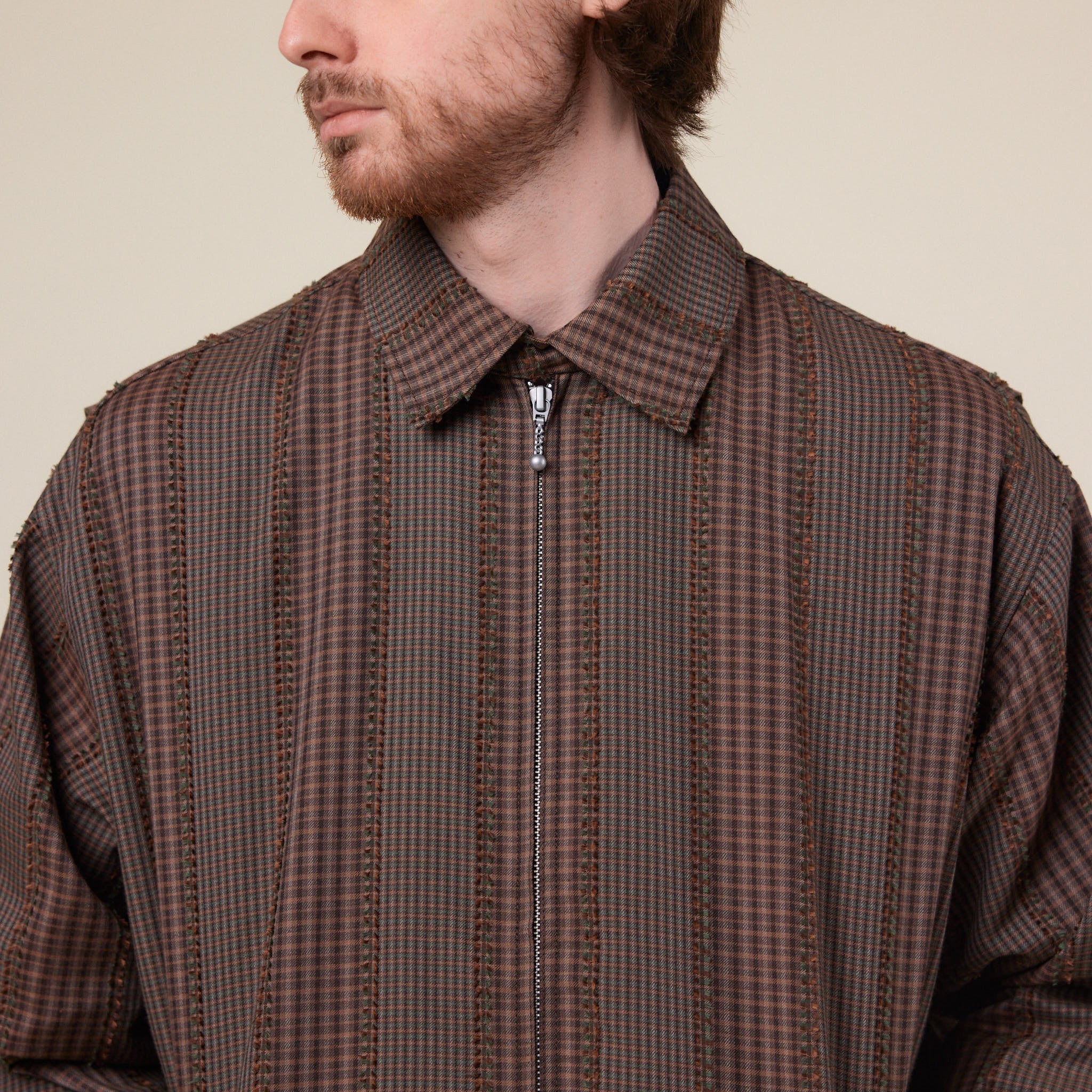 Merely Made - Premium Banshu-Ori Fringe Check Jacket - Greenish Brown
