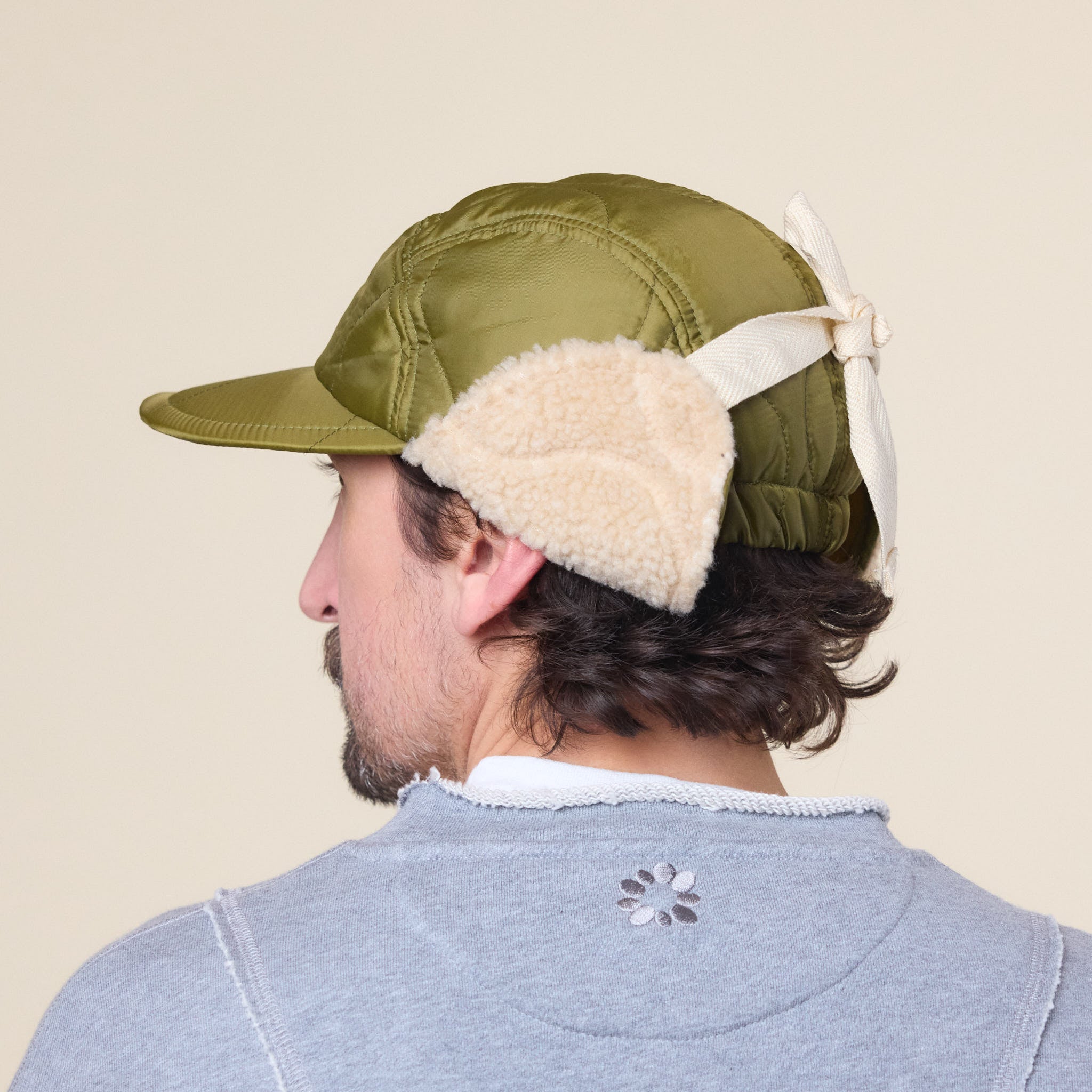 Found Feather - Quilted 1/2 Moon Cap With Ears - Green