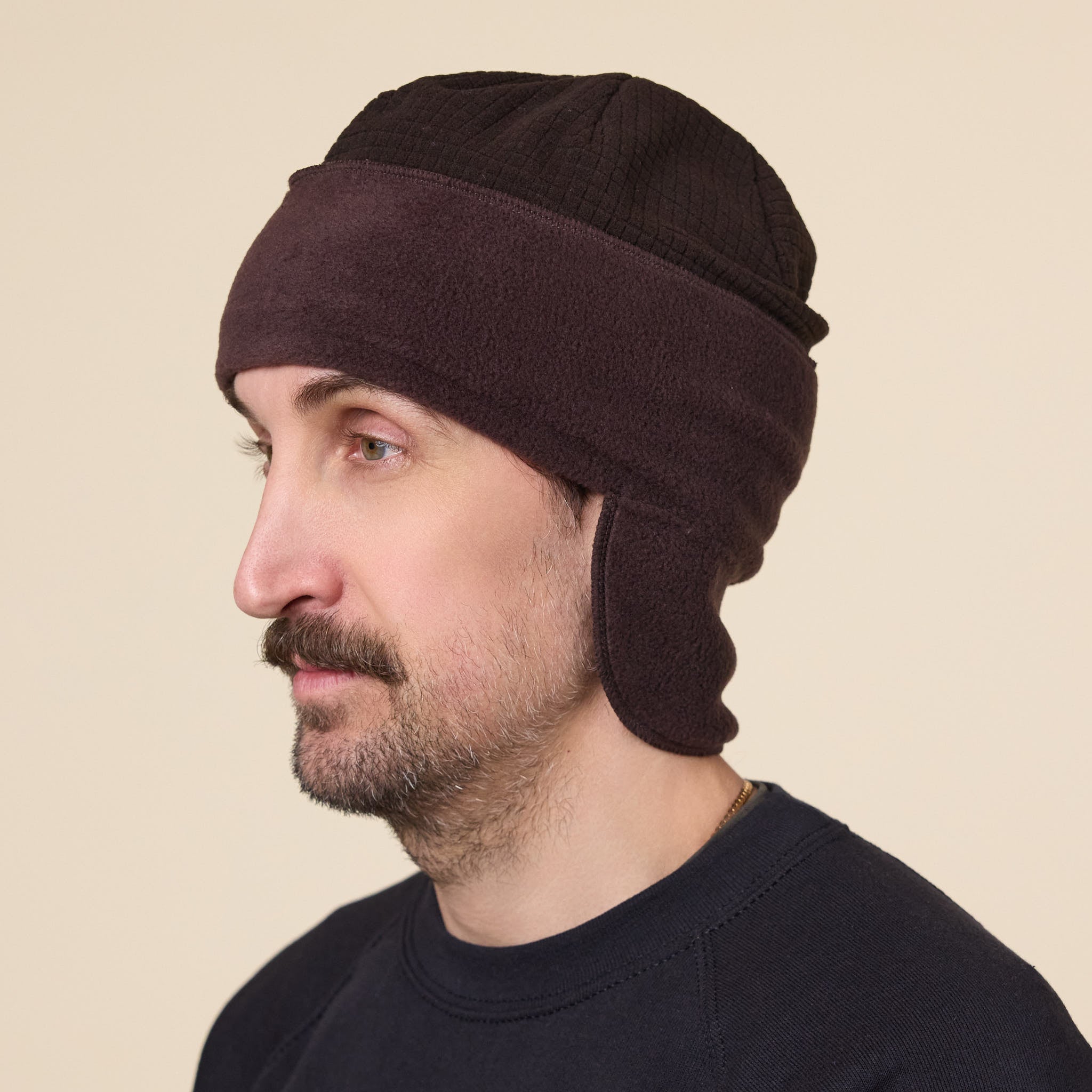 Found Feather - City Beanie Grid x Fleece - Brown