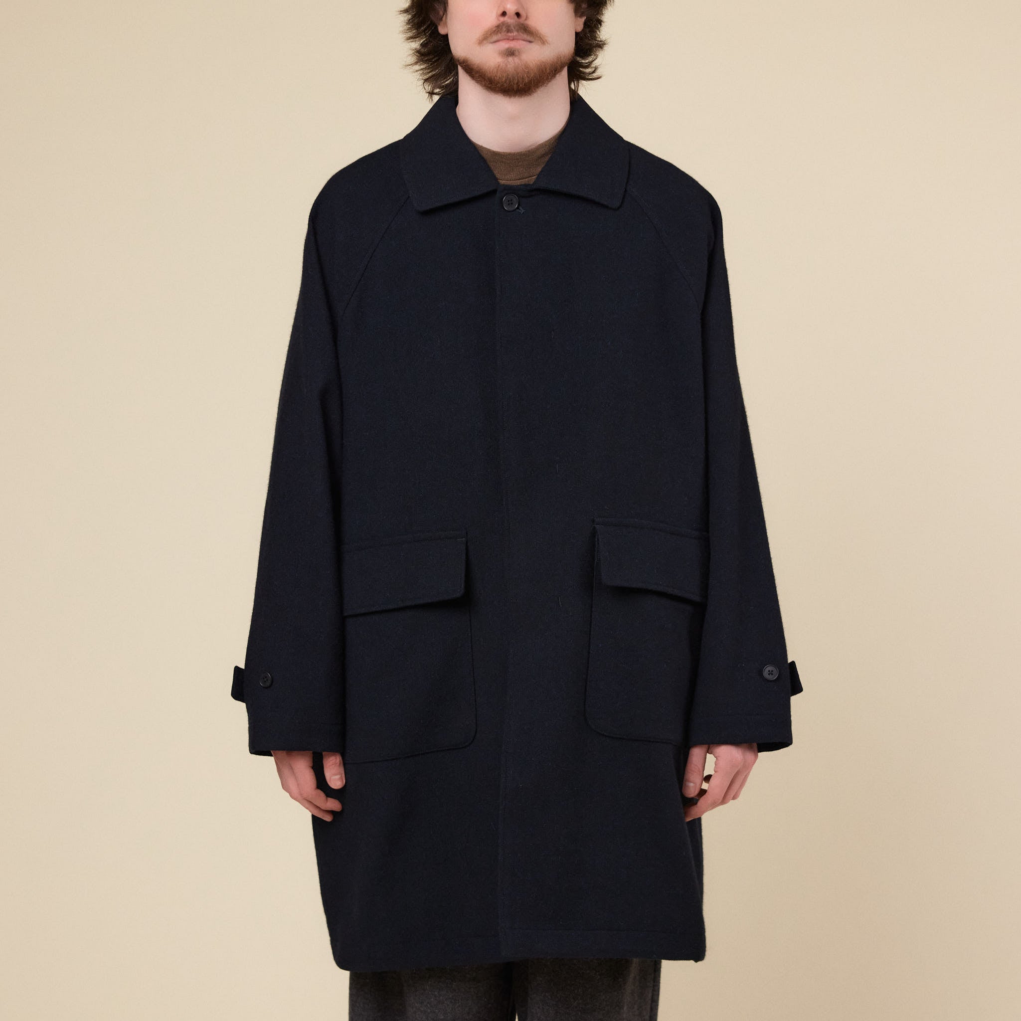 Still by Hand - Wool Balmacaan Coat - Black Navy