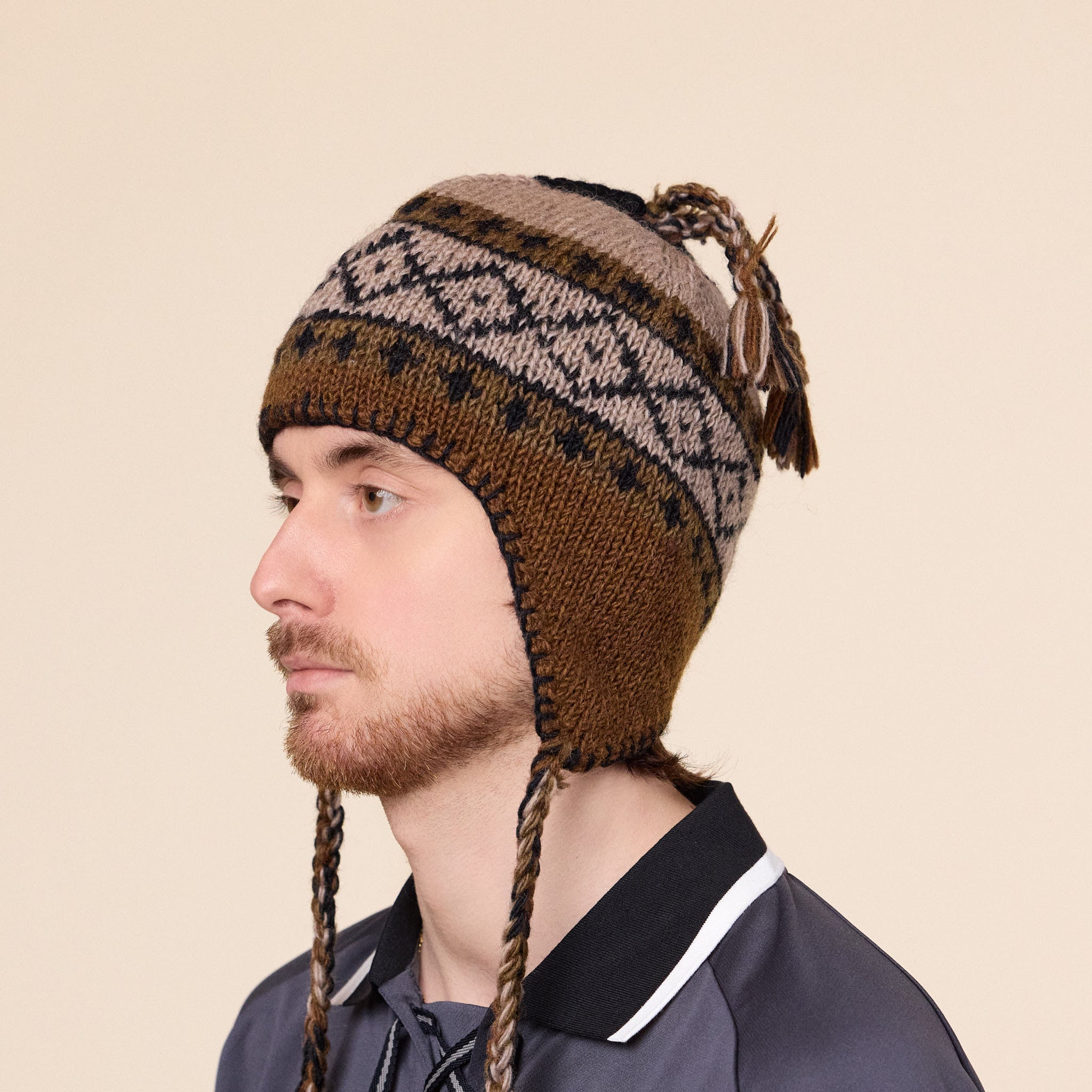 SEDAN ALL-PURPOSE - Hand Knit Ear Flap Beanie - Brown / Black