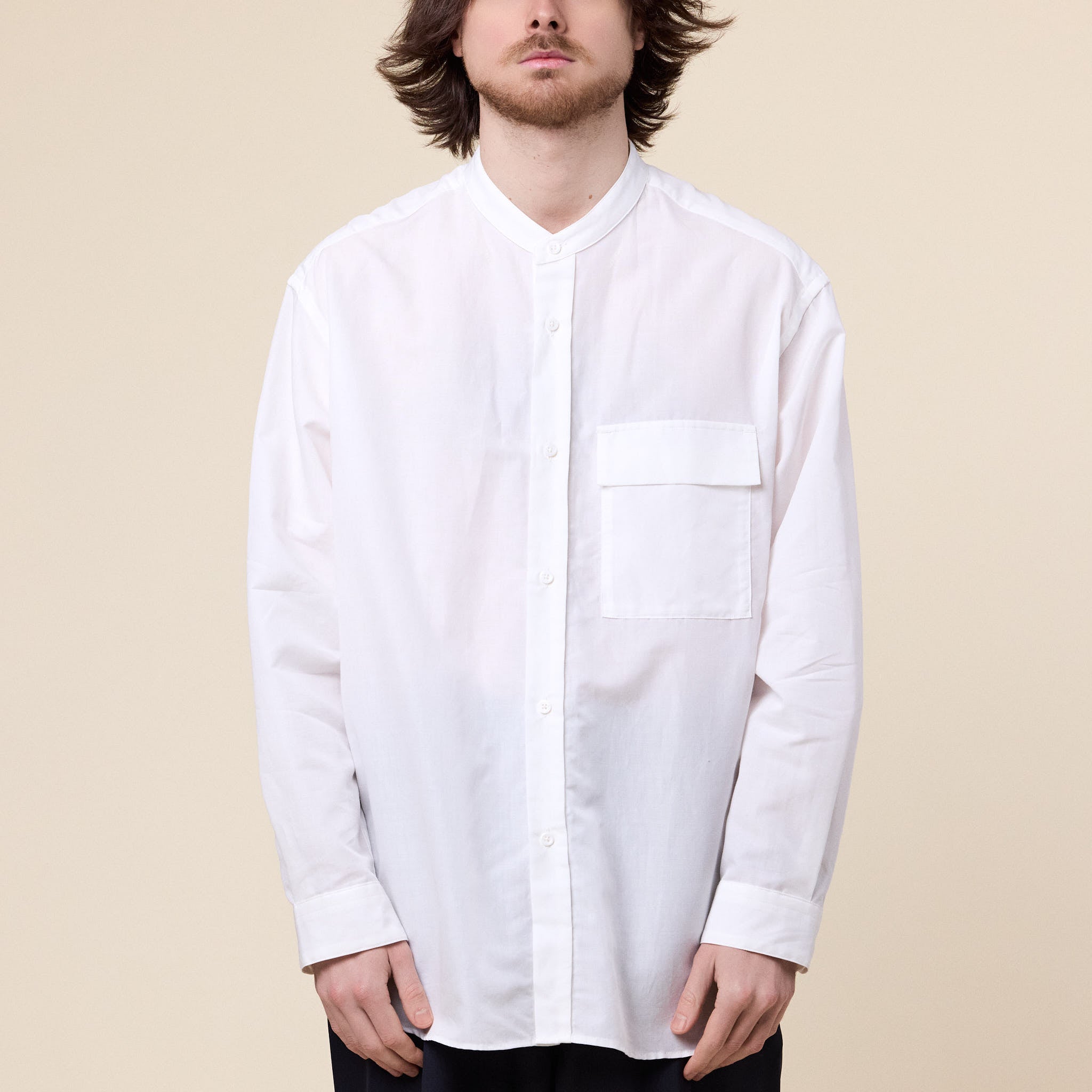 Still by Hand - Cotton Band Collar Shirt - White