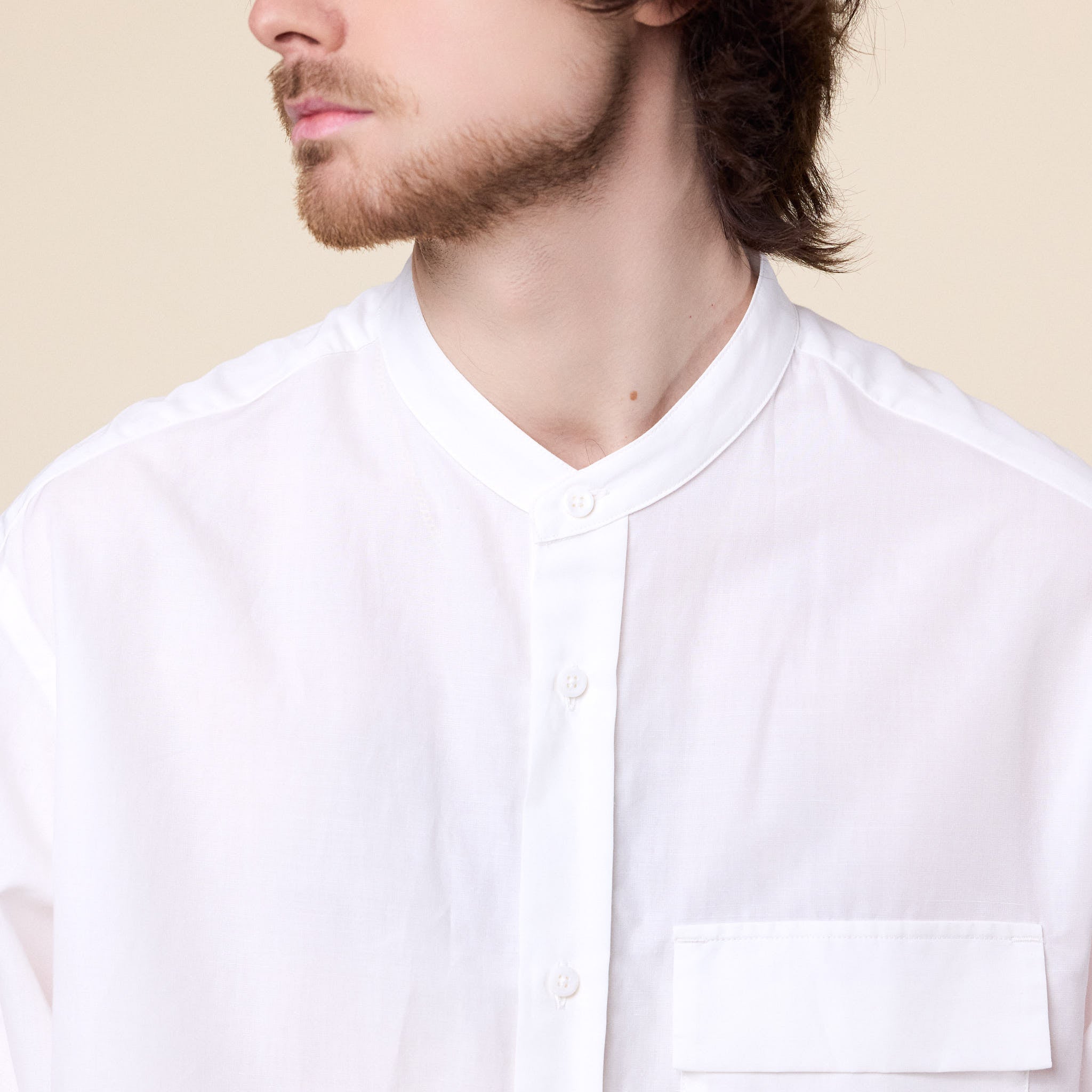 Still by Hand - Cotton Band Collar Shirt - White