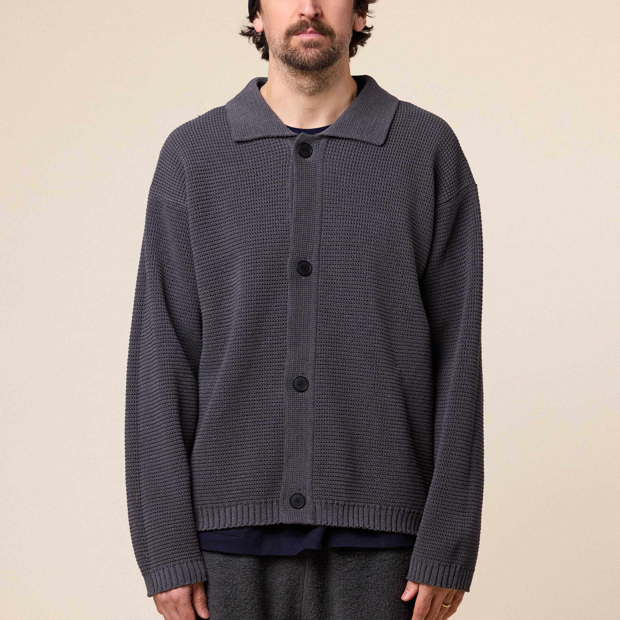 Still by Hand - Paper Mixed Blouson Cardigan - Brown Charcoal