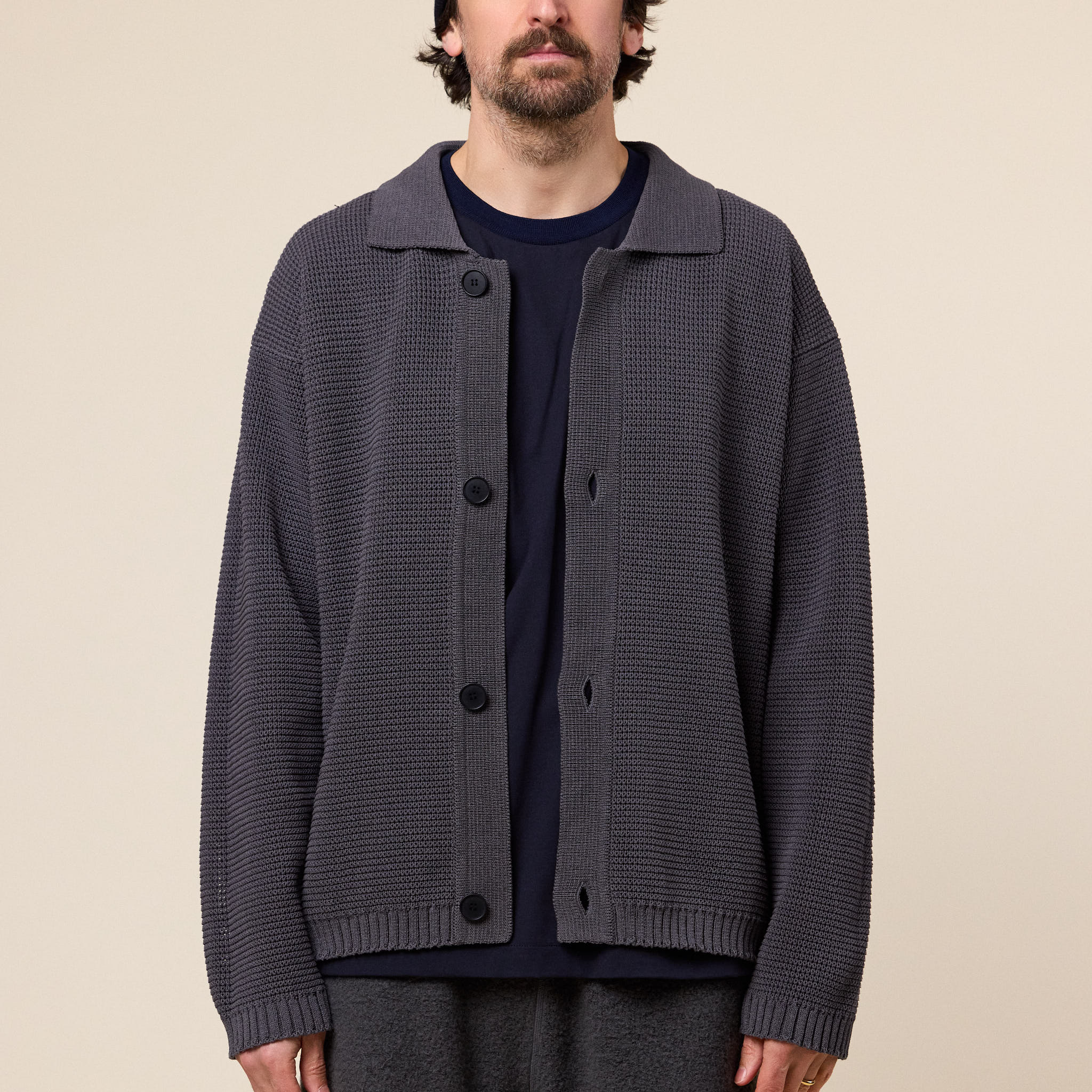 Still by Hand - Paper Mixed Blouson Cardigan - Brown Charcoal