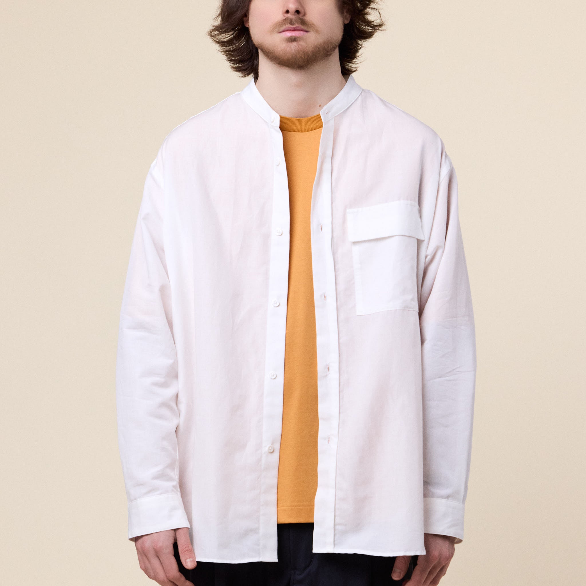 Still by Hand - Cotton Band Collar Shirt - White