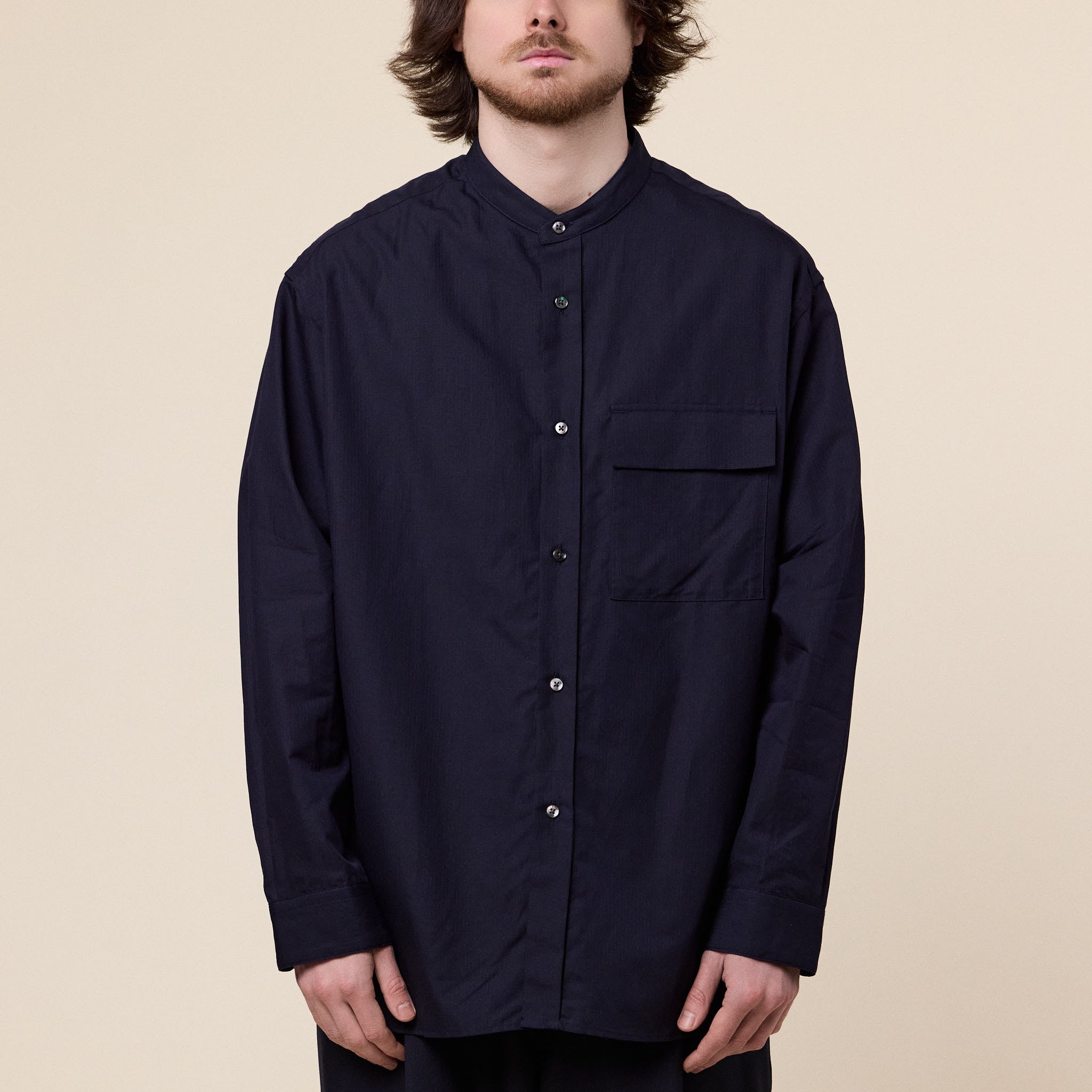 Still by Hand - Cotton Band Collar Shirt - Navy Stripe