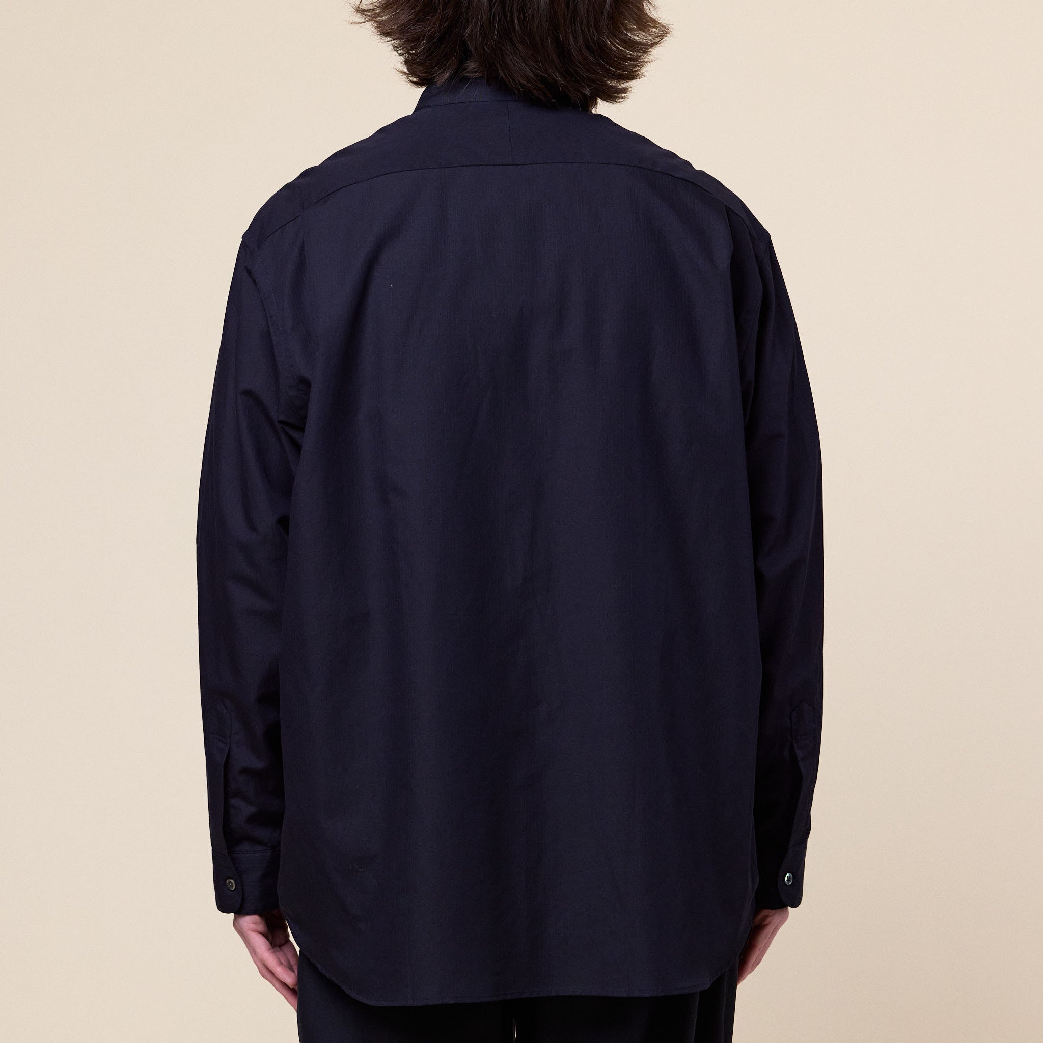 Still by Hand - Cotton Band Collar Shirt - Navy Stripe
