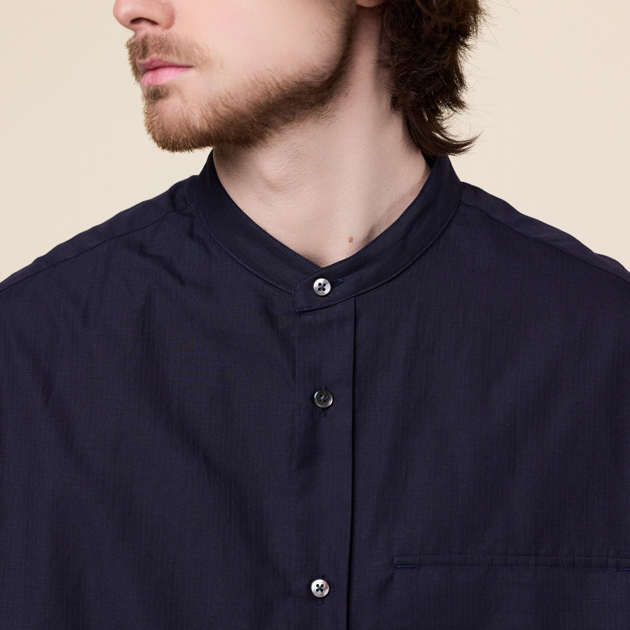 Still by Hand - Cotton Band Collar Shirt - Navy Stripe