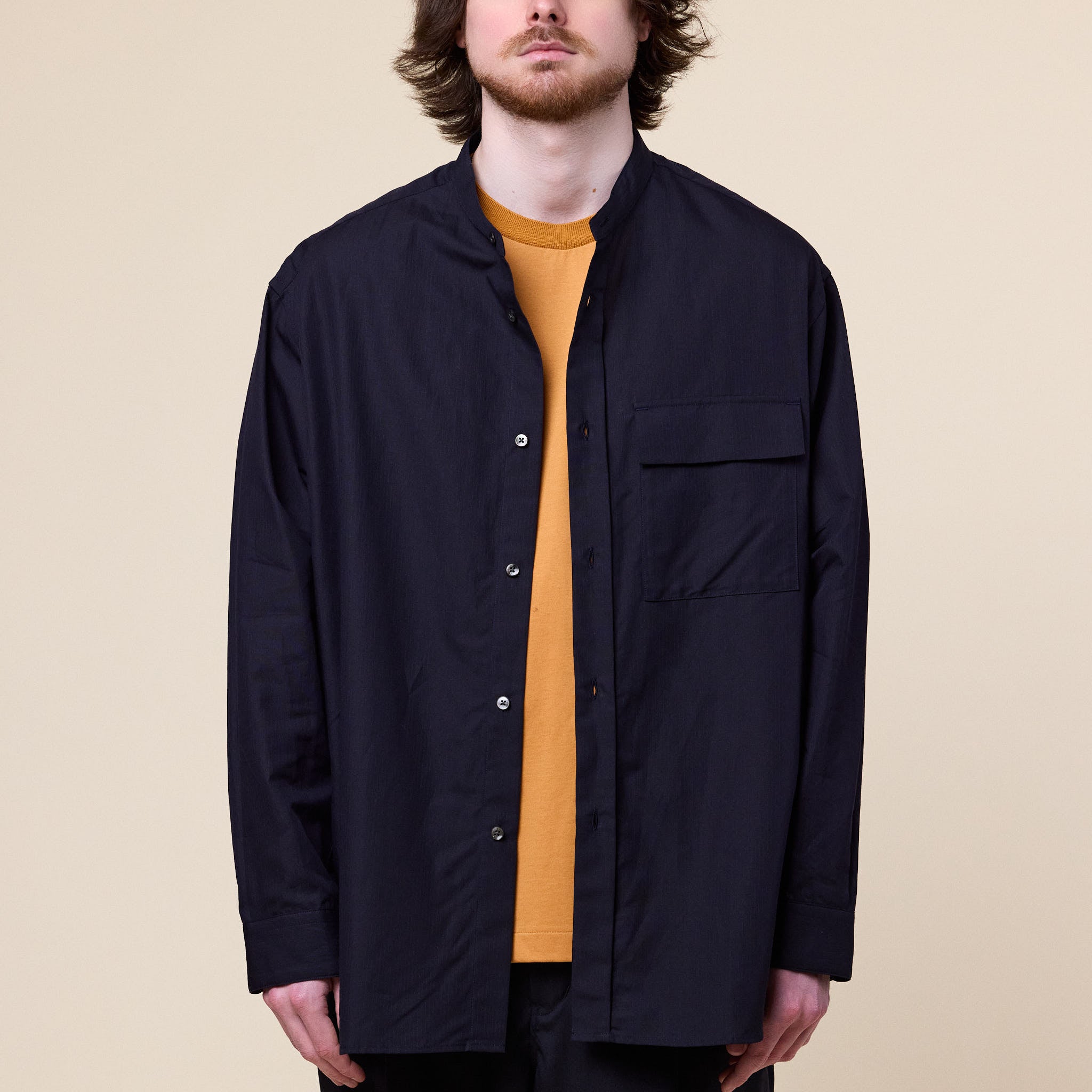 Still by Hand - Cotton Band Collar Shirt - Navy Stripe