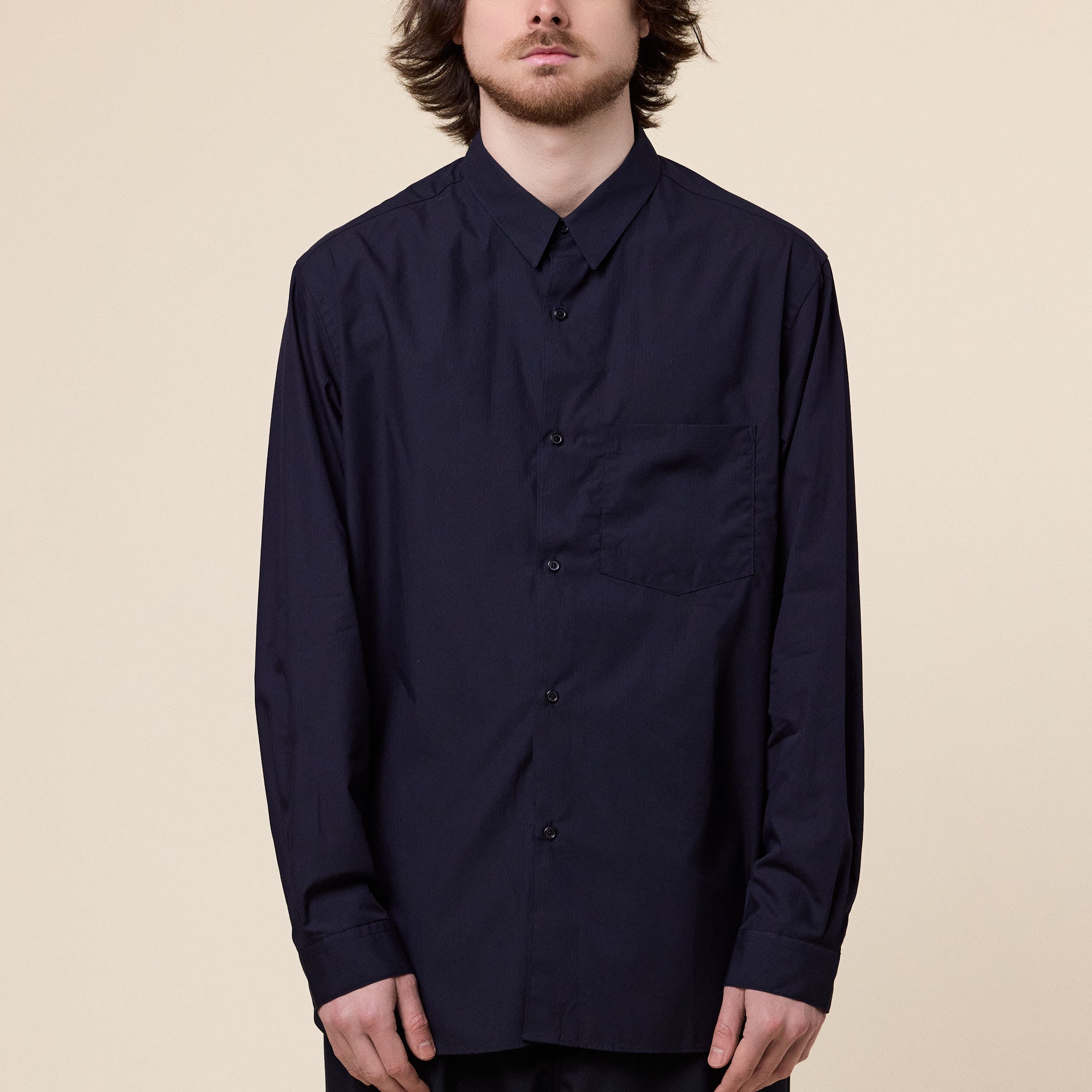 Still by Hand - Regular Collar Broadcloth Shirt - Navy Stripe