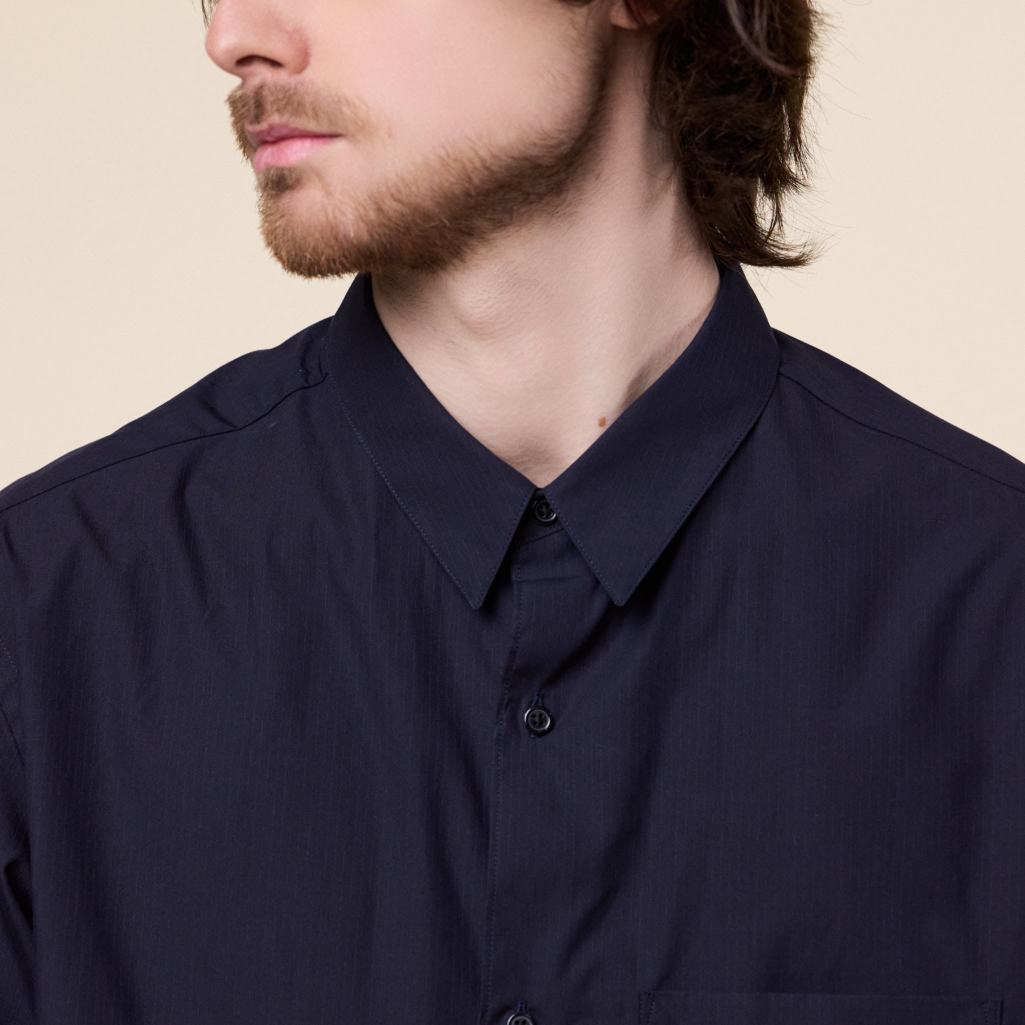 Still by Hand - Regular Collar Broadcloth Shirt - Navy Stripe
