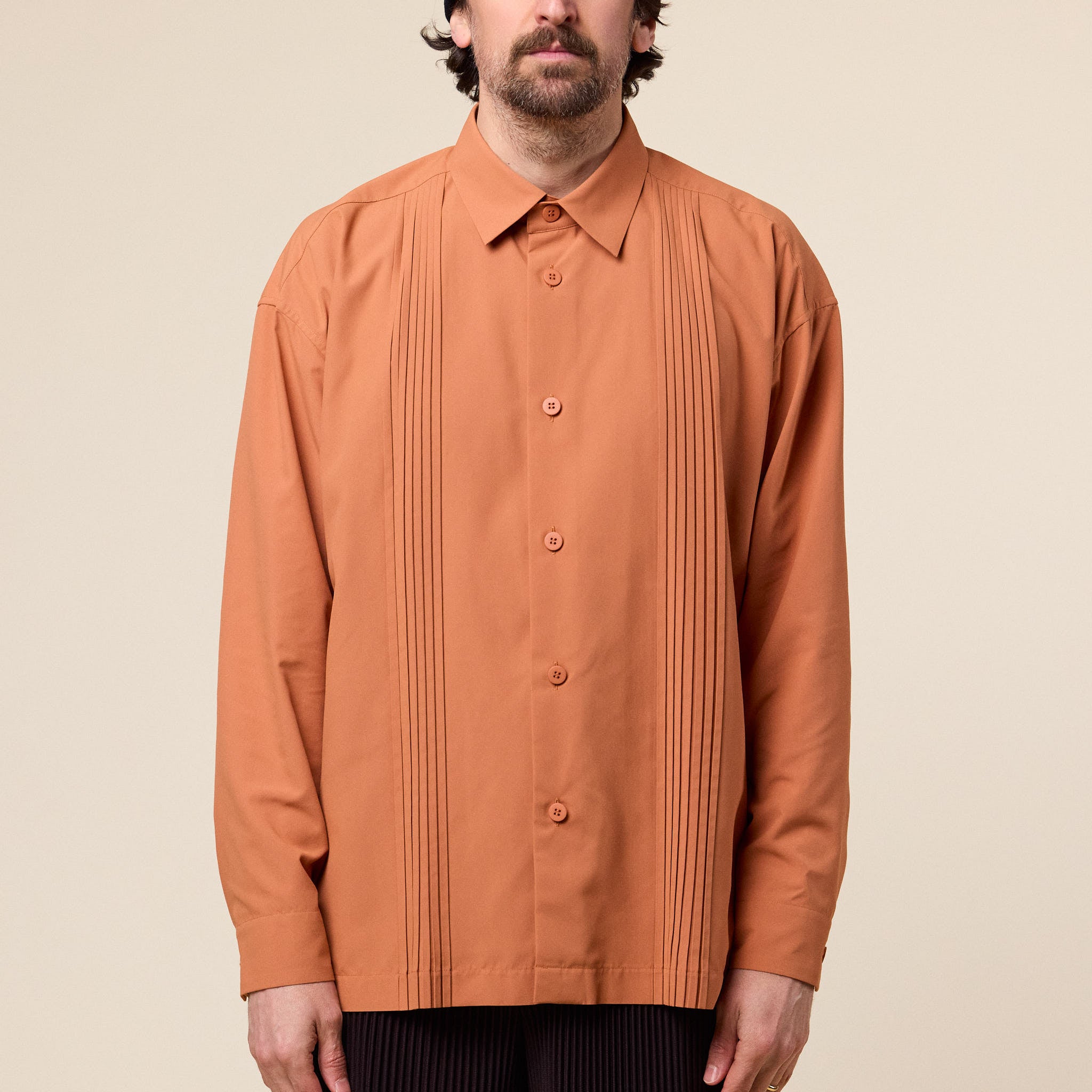 IM MEN - Pleated Panelled Shirt - Light Orange