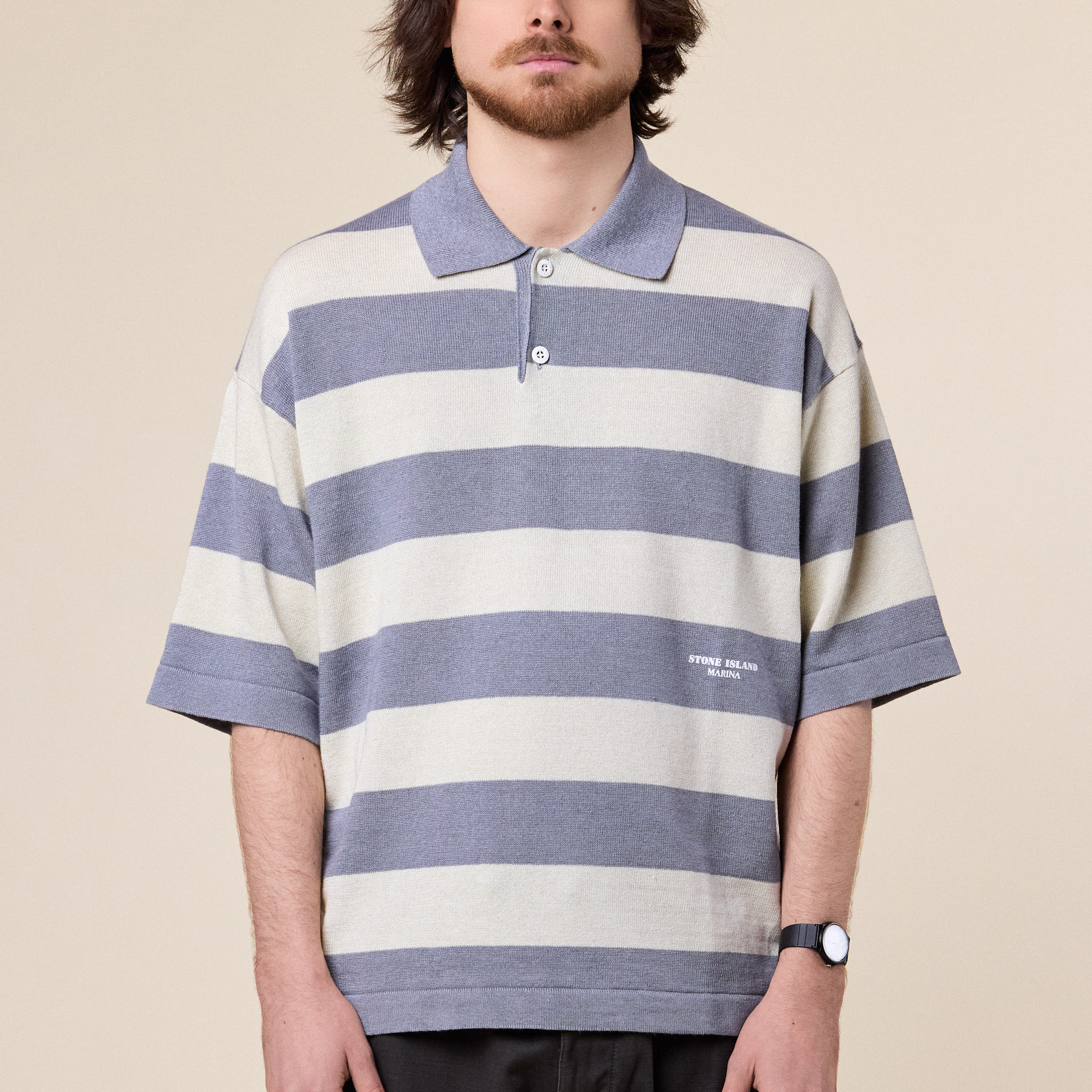 Stone Island Marina - Oversized Cotton Knit Polo Shirt - Ivory Melange