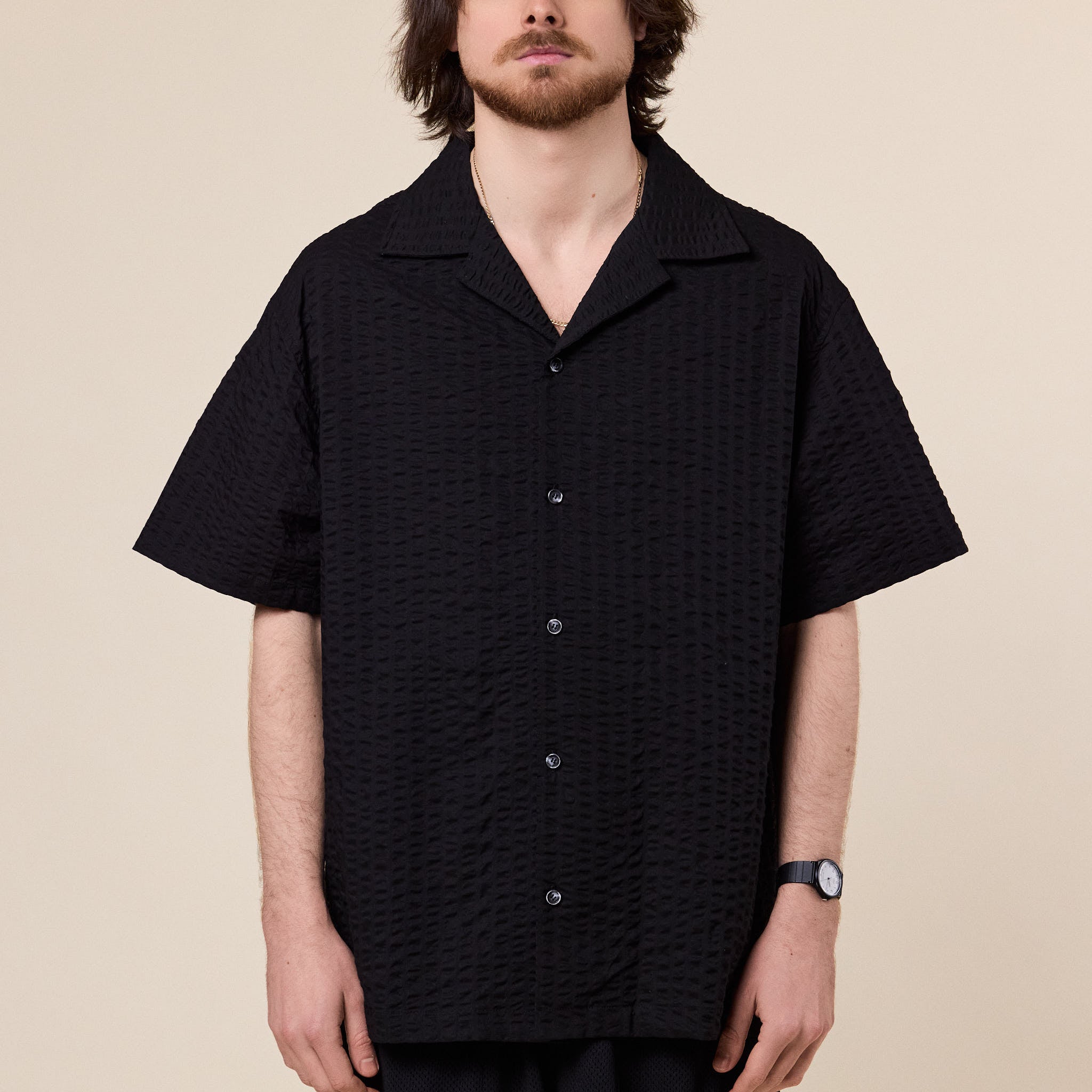 Merely Made - Premium Seersucker Cuban Collar Shirt - Asphalt Black