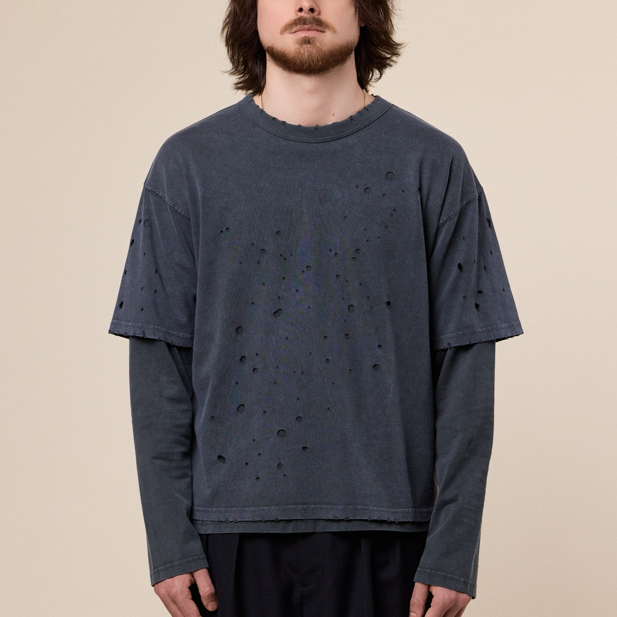 BEAMS - Layered Damage Long Sleeve T-Shirt - Black