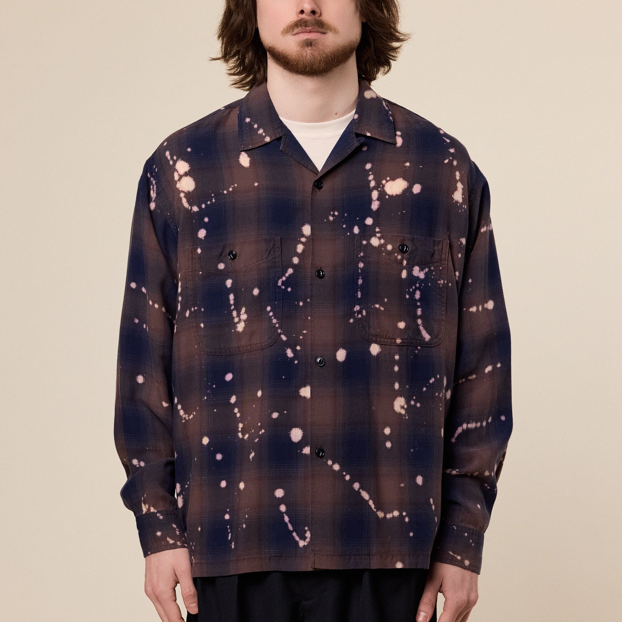 BEAMS - Bleach Ombre Open Collar Shirt - Brown