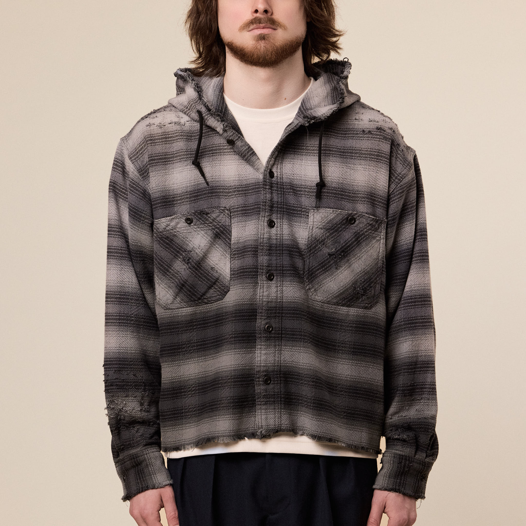 BEAMS - Damage Flannel Hooded Shirt - Black