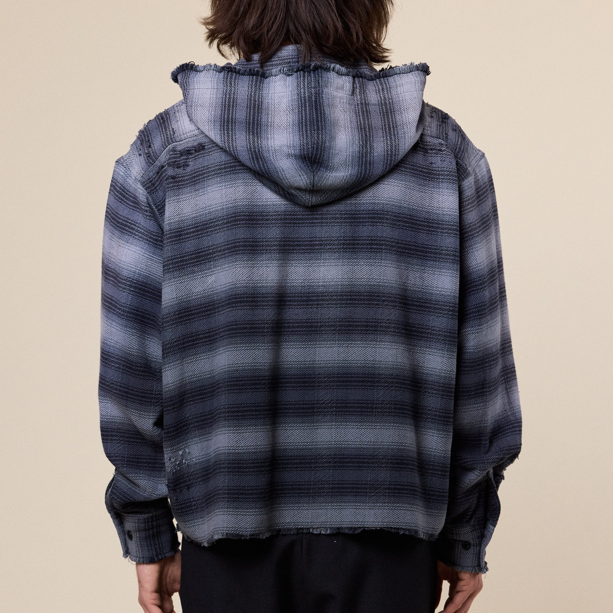 BEAMS - Damage Flannel Hooded Shirt - Black