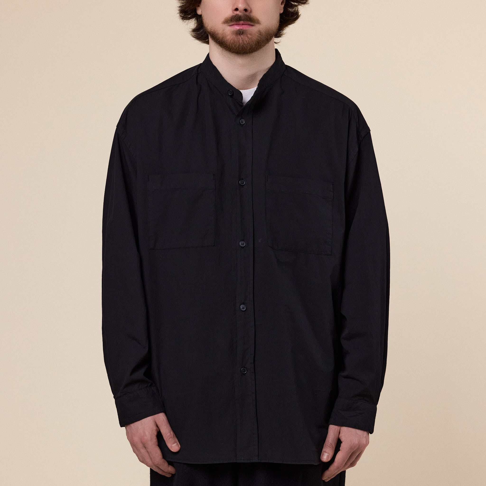 Still by Hand - Garment Dye Band Collar Shirt - Ink Black