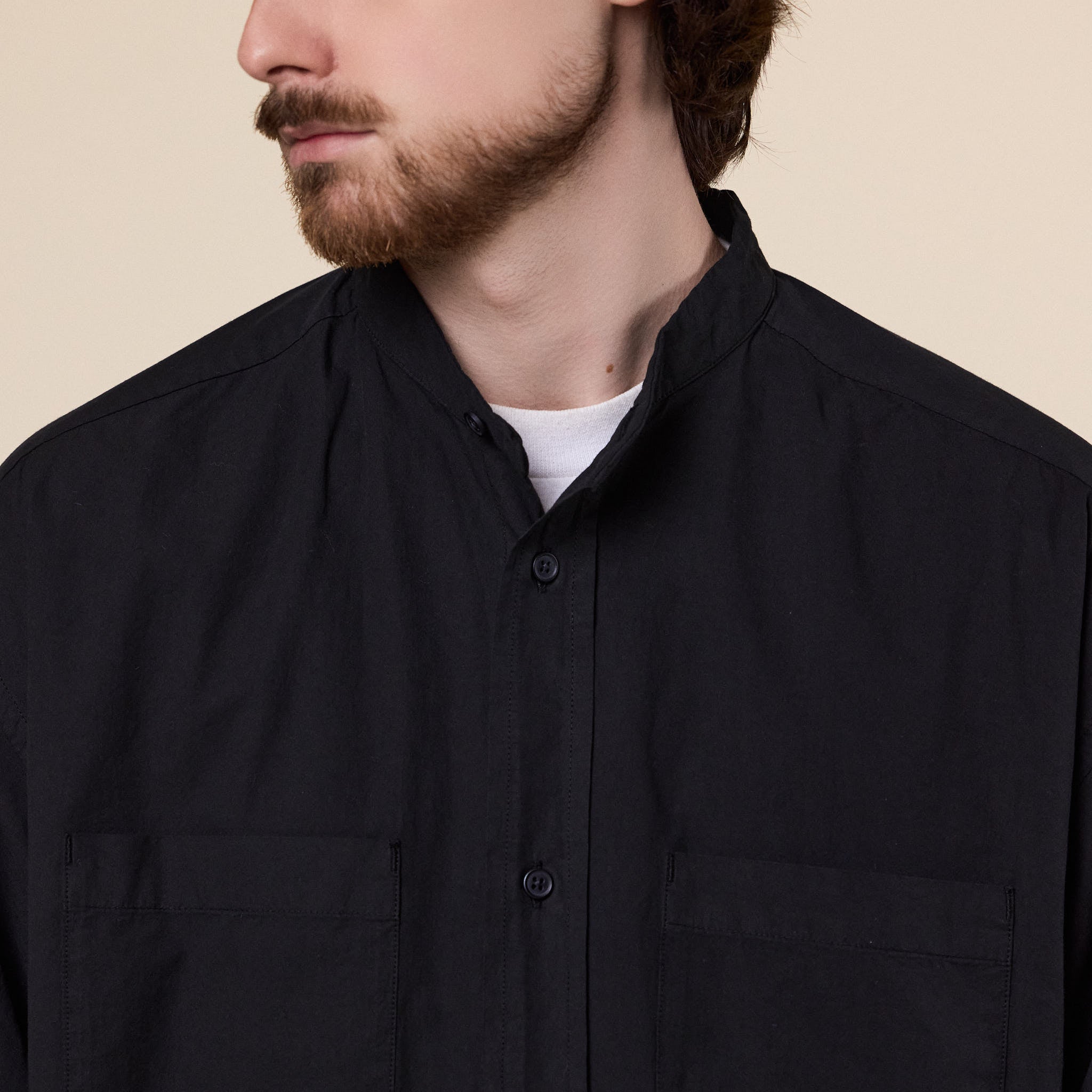 Still by Hand - Garment Dye Band Collar Shirt - Ink Black