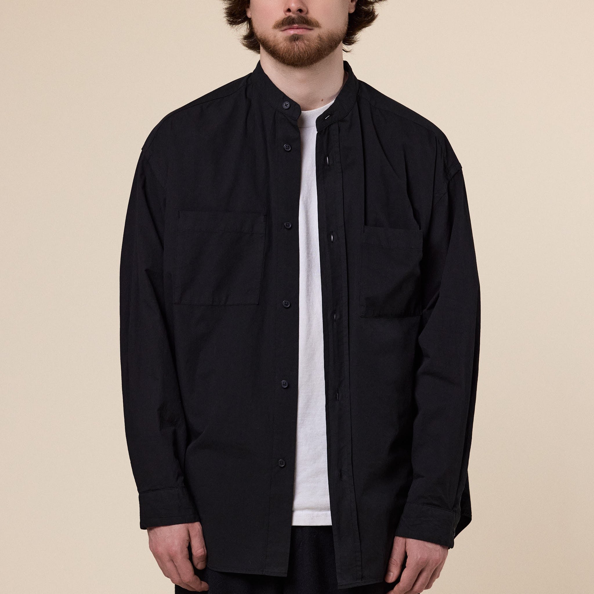 Still by Hand - Garment Dye Band Collar Shirt - Ink Black