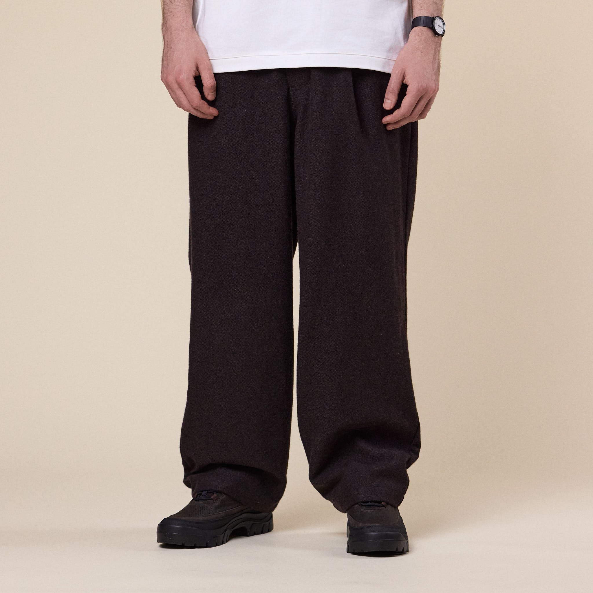 Still by Hand - Wool Wide Pants - Dark Brown